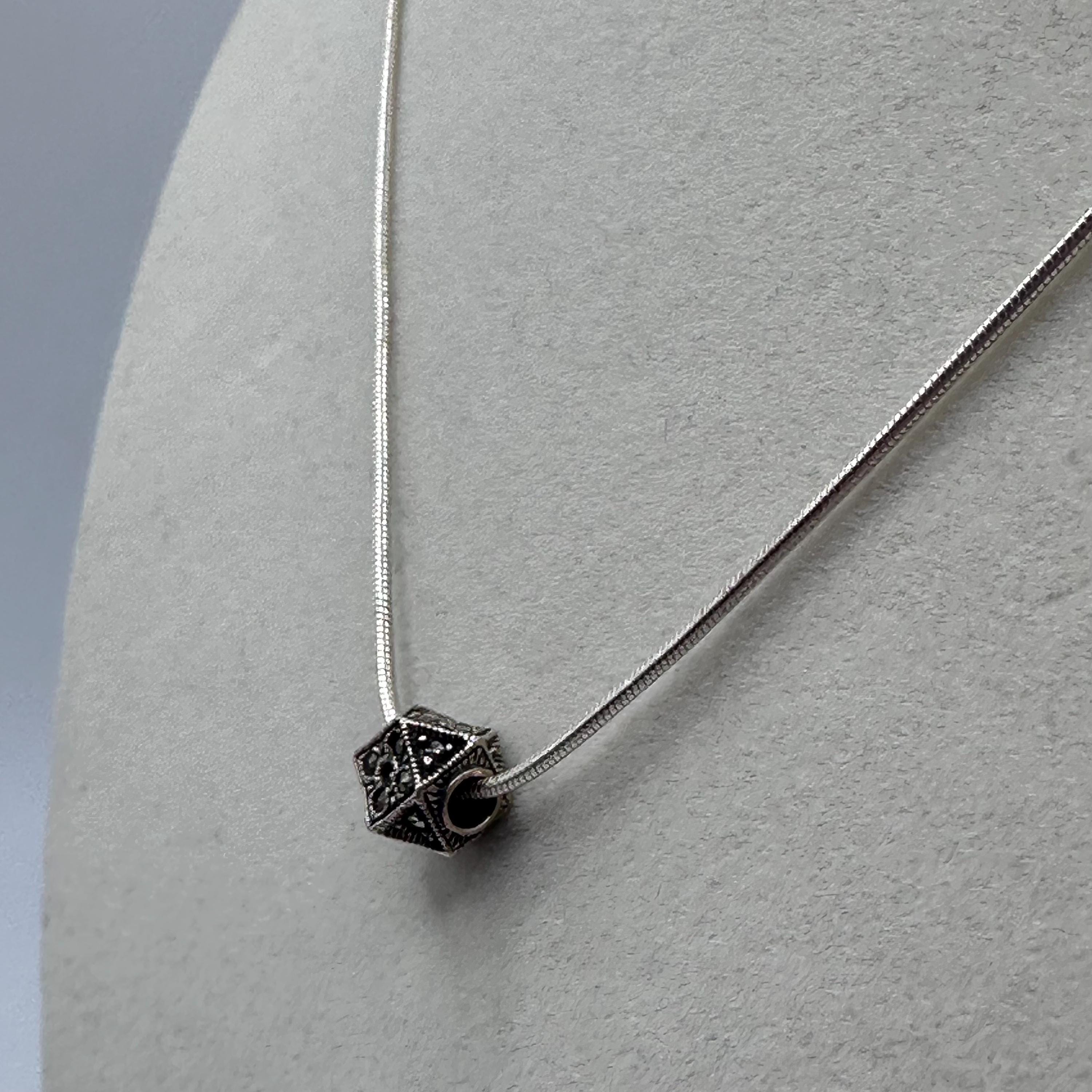 925 Sterling Silver Marcasite Bead Pendant Necklace - ITALY 16-18 Inch