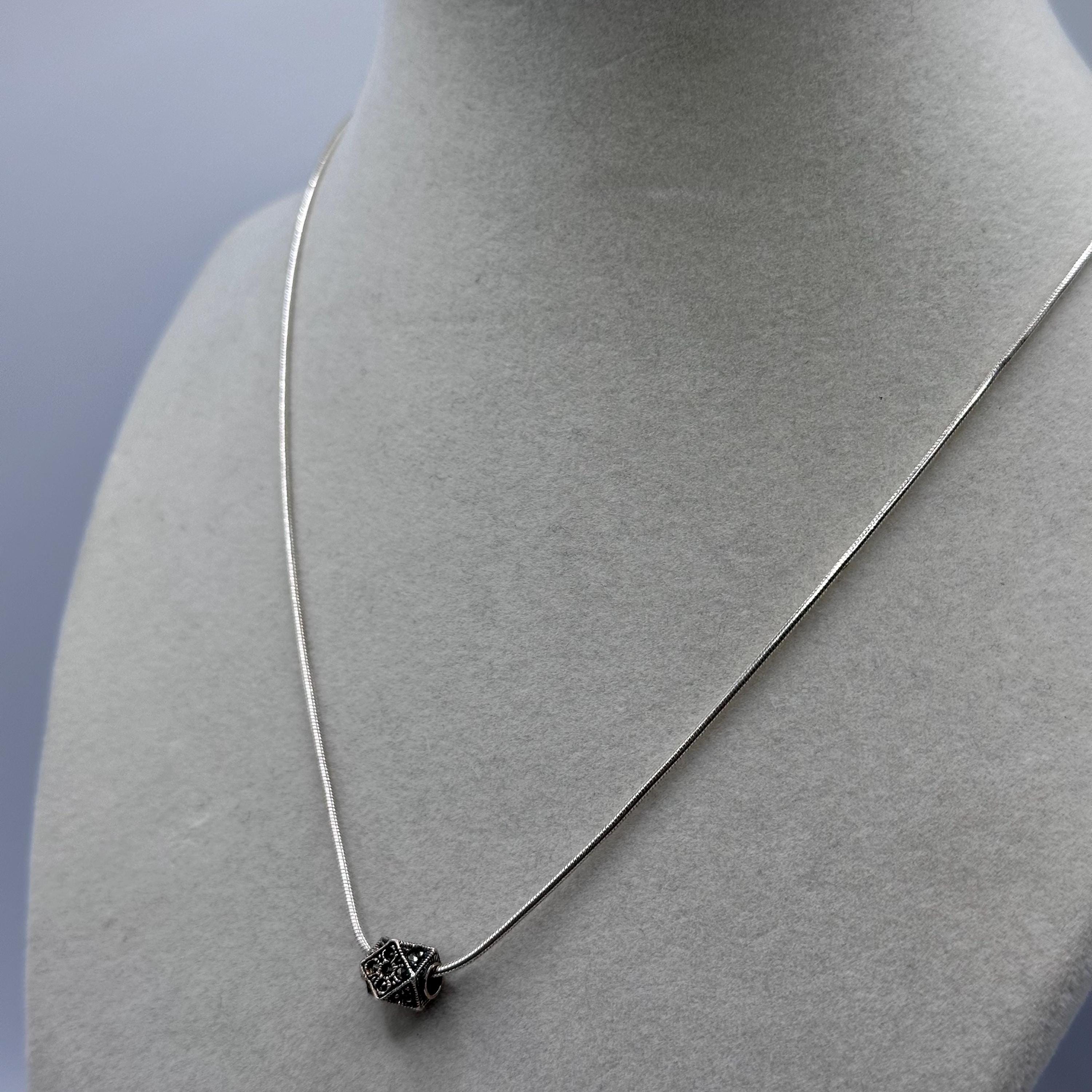 925 Sterling Silver Marcasite Bead Pendant Necklace - ITALY 16-18 Inch