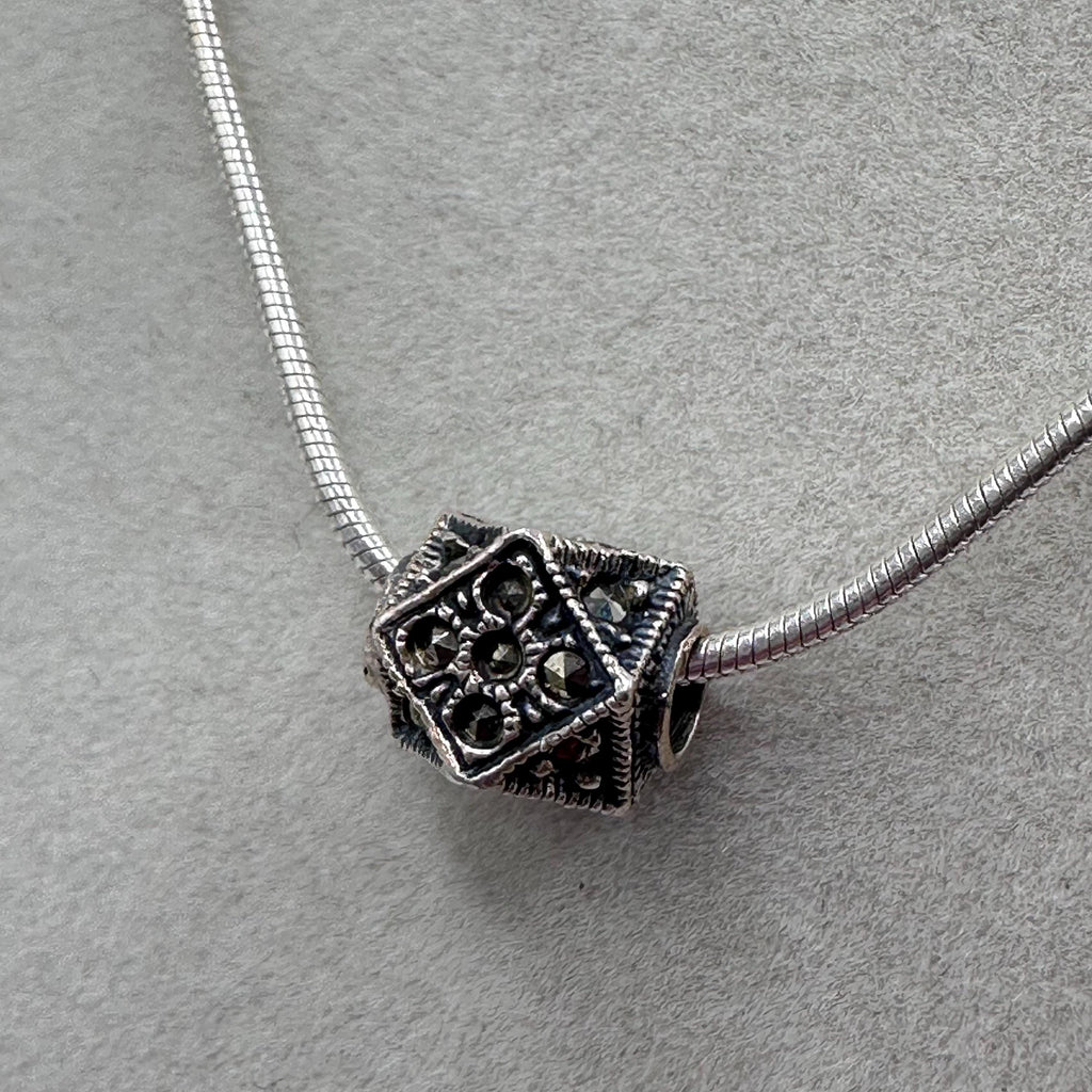 925 Sterling Silver Marcasite Bead Pendant Necklace - ITALY 16-18 Inch