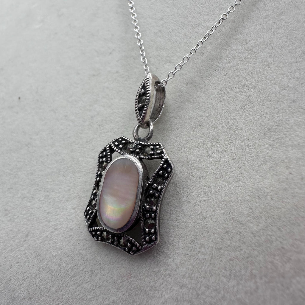 Sterling Silver 925 Marcasite Pink Mother of Pearl Pendant Necklace 16 Inch