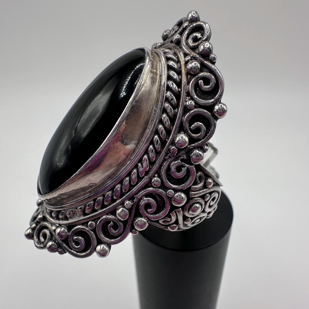 Vintage Samuel B Womens Sterling Silver Onyx Cabochon Cocktail Ring Size 8
