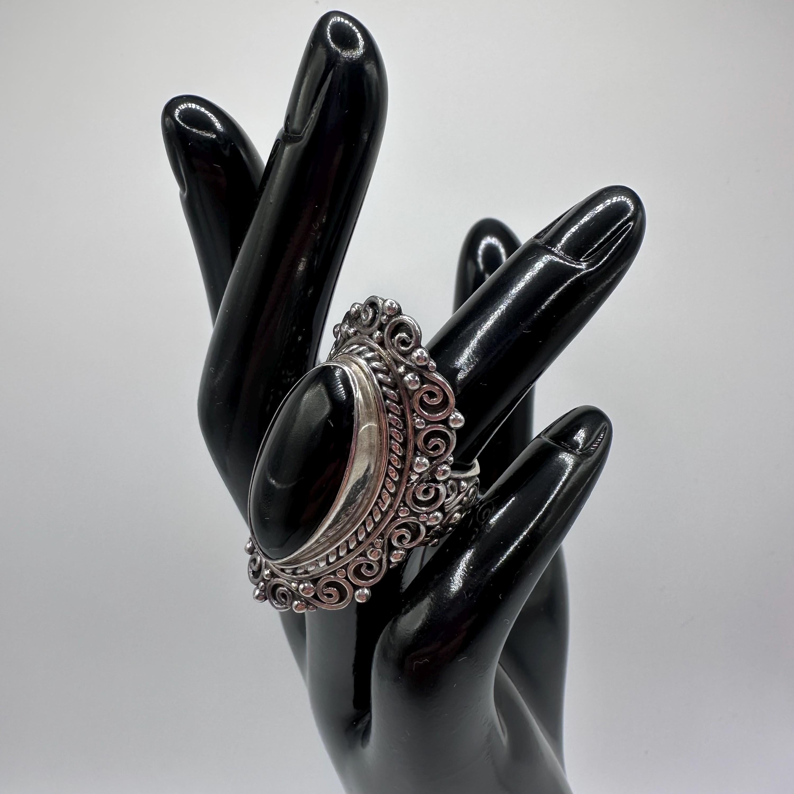 Vintage Samuel B Womens Sterling Silver Onyx Cabochon Cocktail Ring Size 8