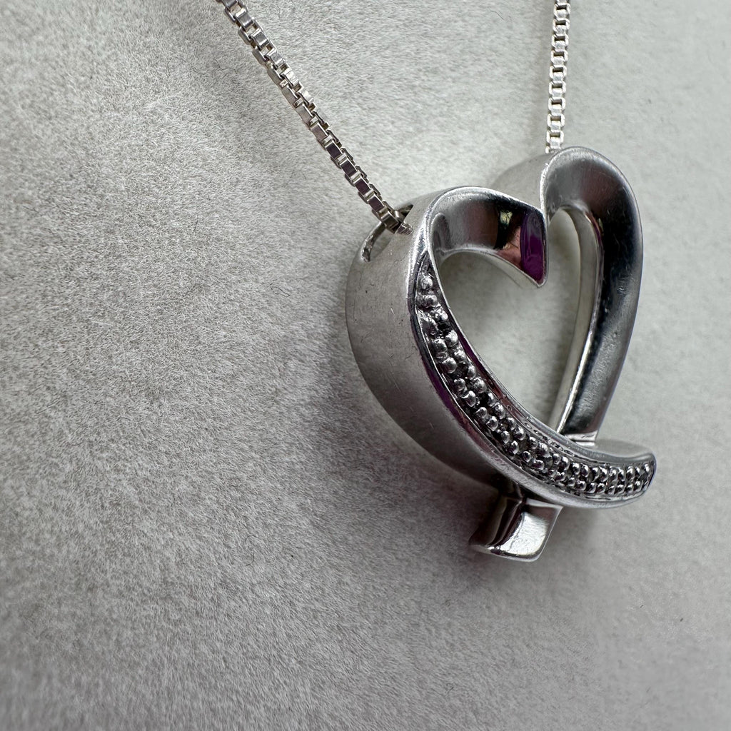 Vintage Sterling Silver 925 Heart Pendant with Diamonds 15.5 inches