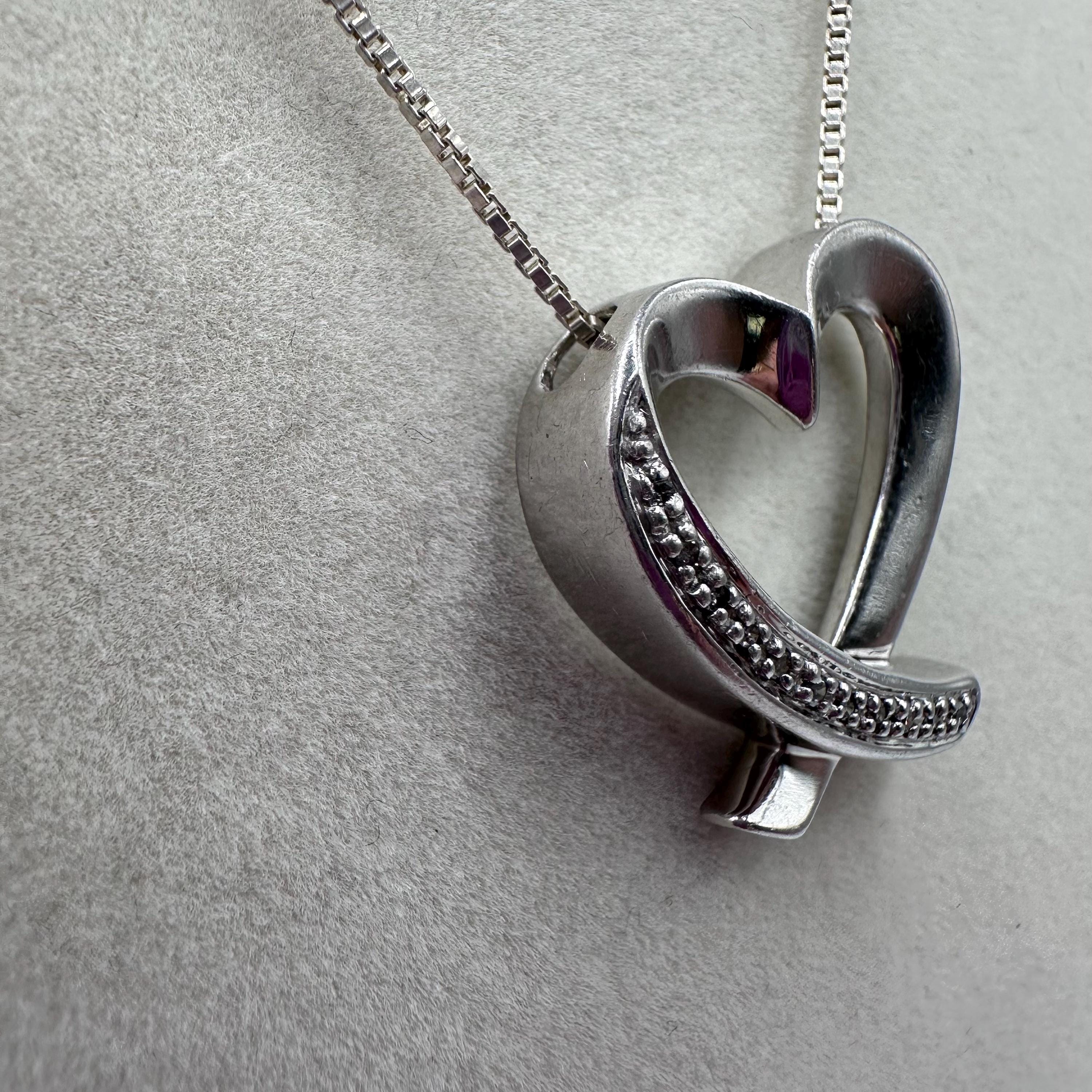 Vintage Sterling Silver 925 Heart Pendant with Diamonds 15.5 inches