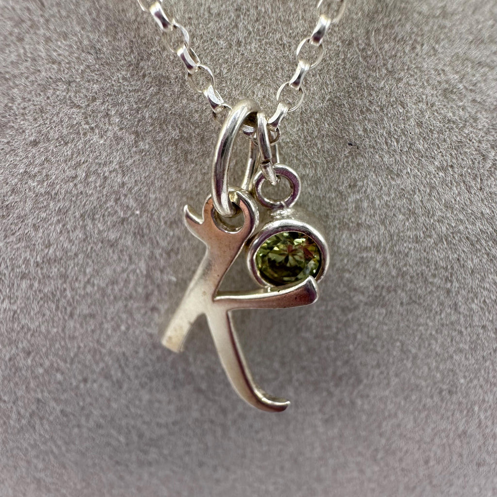 Vintage Sterling Silver Initial K with Birthstone Light Green 18 inches