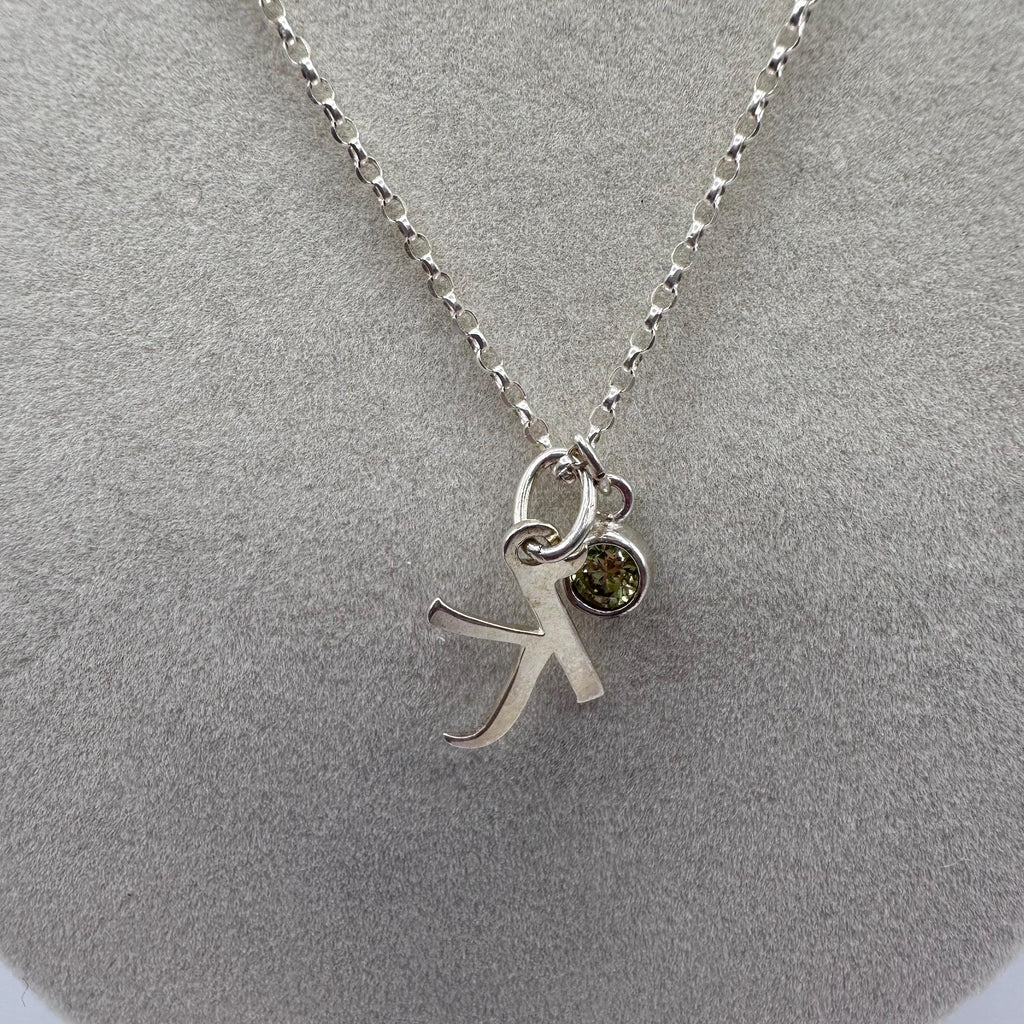 Vintage Sterling Silver Initial K with Birthstone Light Green 18 inches