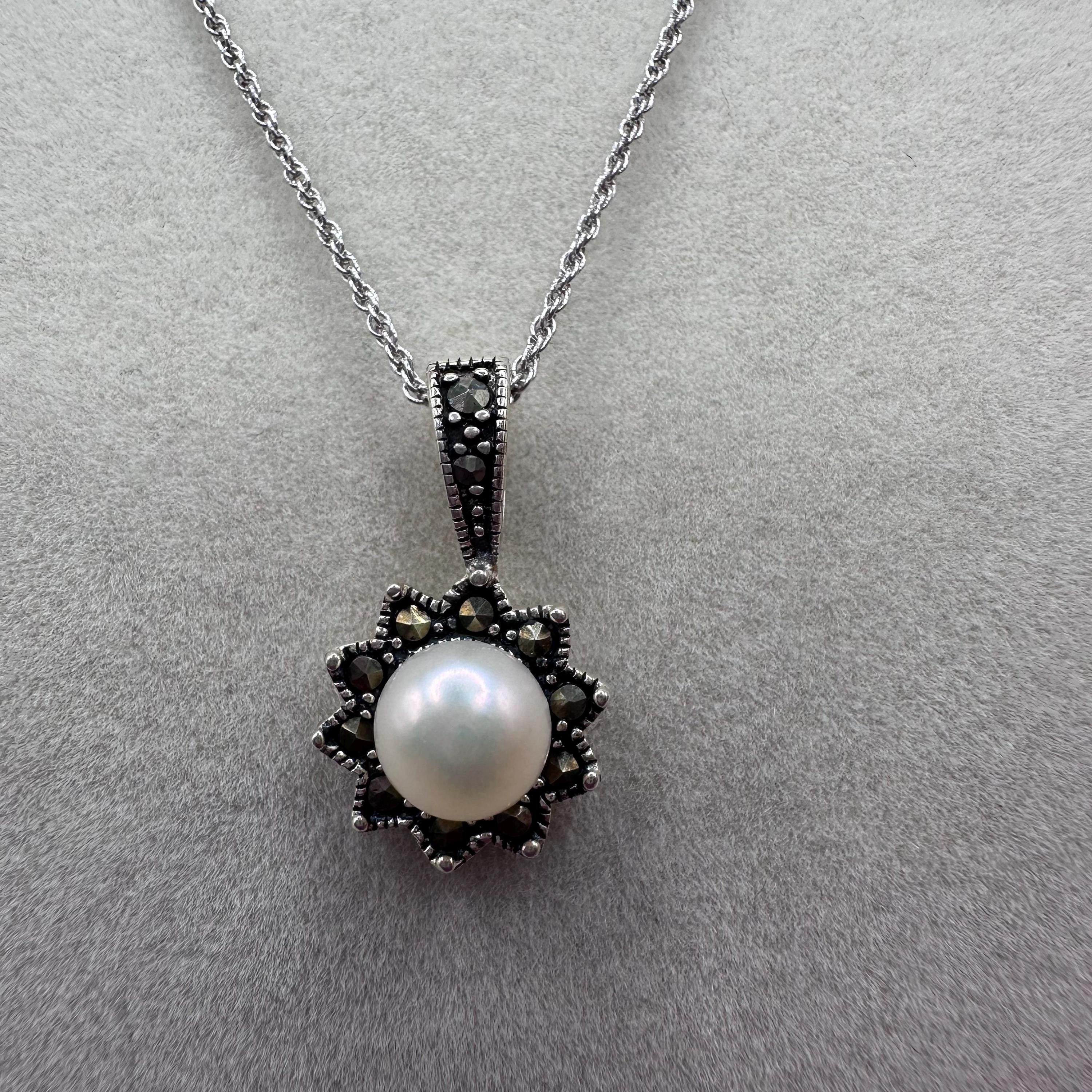 Vintage Marcasite and Pearl 925 Sterling Silver Necklace 18 inches
