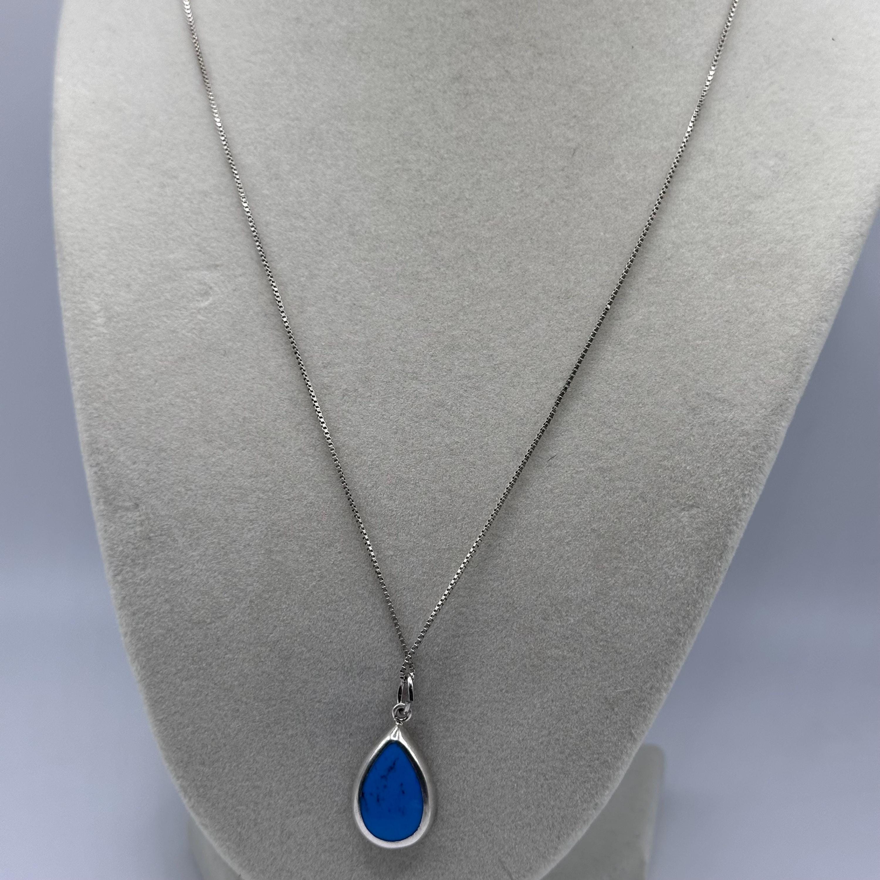 Vintage Sterling Silver Turquoise Teardrop Pendant Necklace Native American Style 19.5 inches