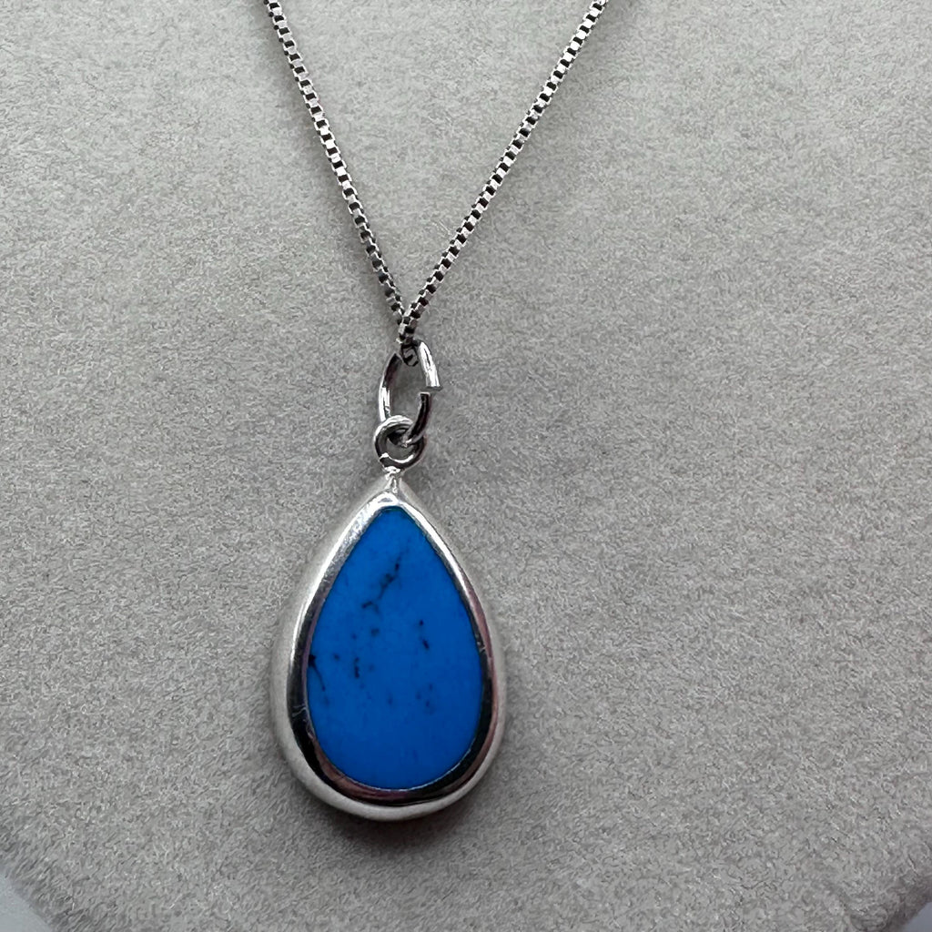 Vintage Sterling Silver Turquoise Teardrop Pendant Necklace Native American Style 19.5 inches