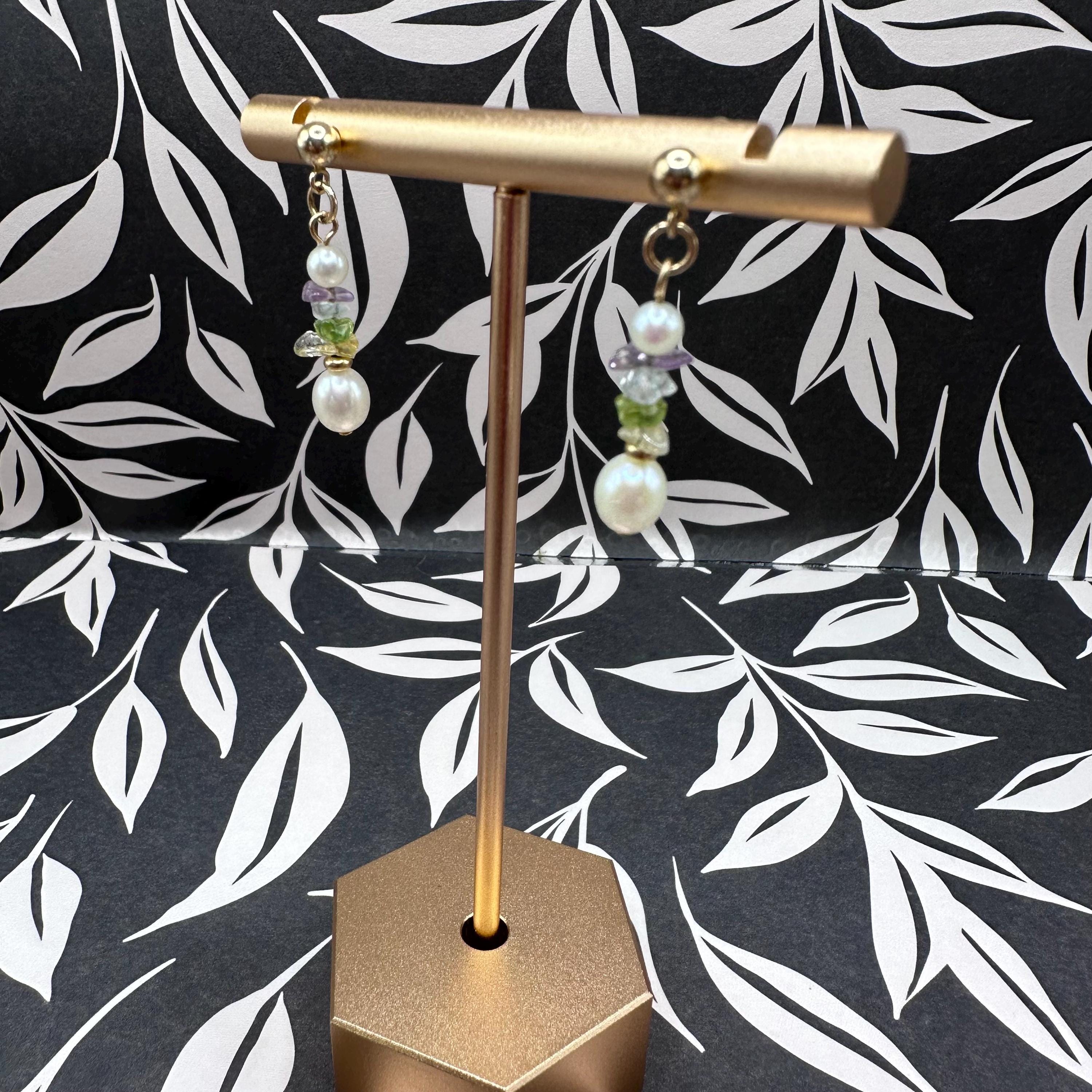 14k Solid Yellow Gold Dangle Earrings with Pearl and Rough Cut Gemstones