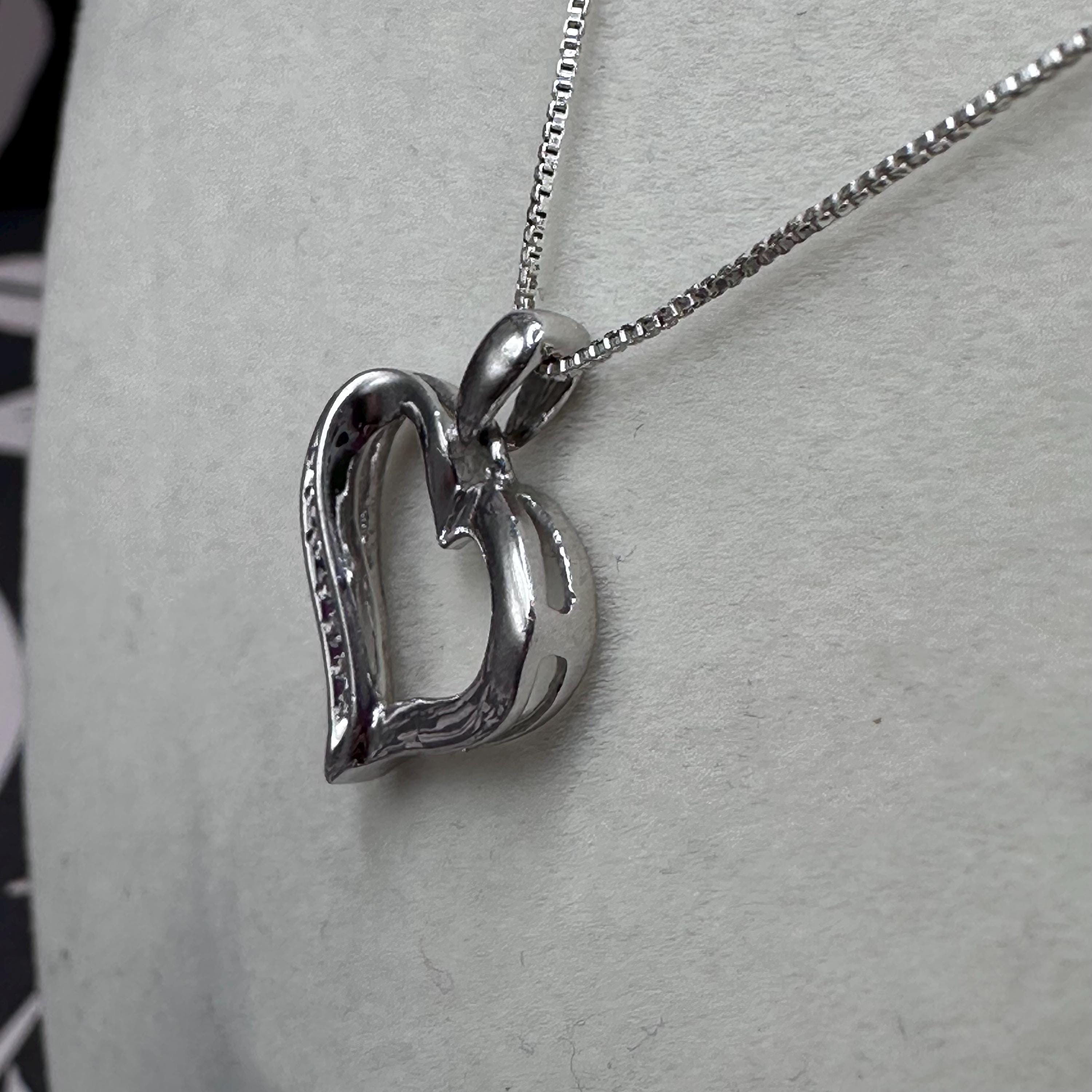 Vintage Sterling Silver and Diamond Heart Pendant Necklace ITALY