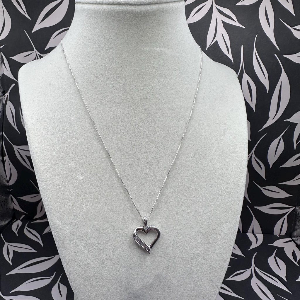 Vintage Sterling Silver and Diamond Heart Pendant Necklace ITALY