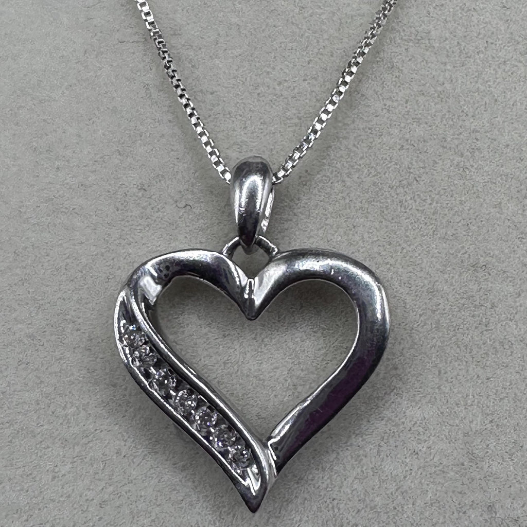 Vintage Sterling Silver and Diamond Heart Pendant Necklace ITALY