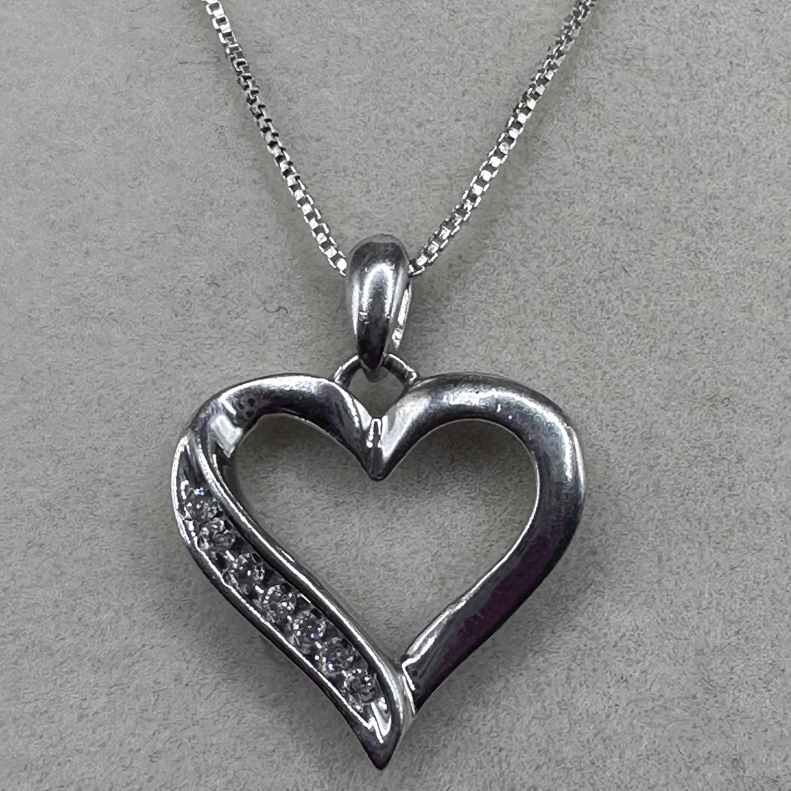 Vintage Sterling Silver and Diamond Heart Pendant Necklace ITALY