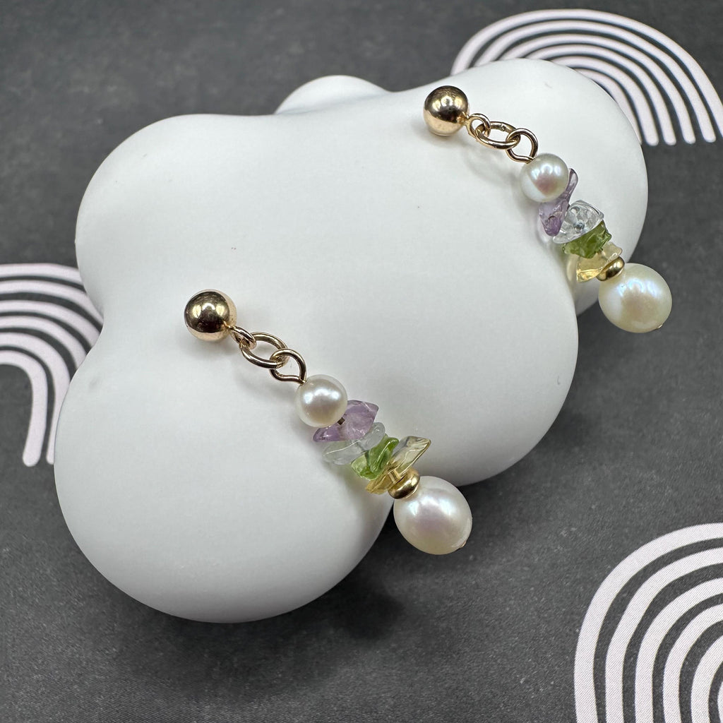 14k Solid Yellow Gold Dangle Earrings with Pearl and Rough Cut Gemstones