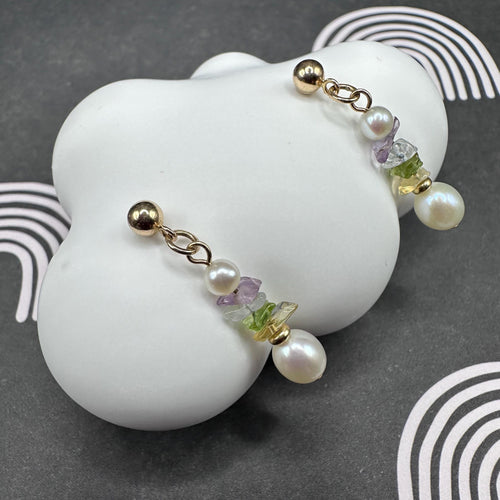 14k Solid Yellow Gold Dangle Earrings with Pearl and Rough Cut Gemstones