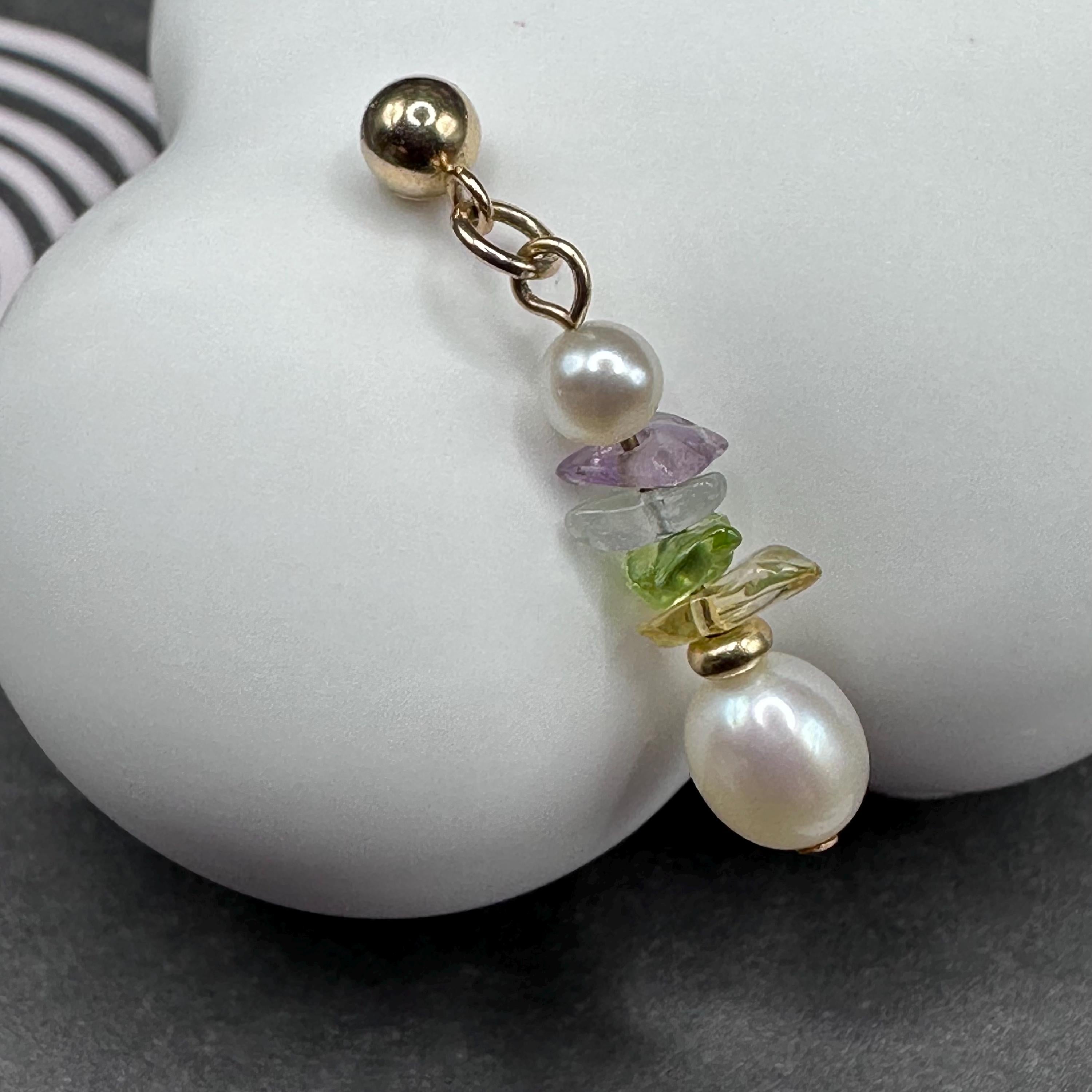 14k Solid Yellow Gold Dangle Earrings with Pearl and Rough Cut Gemstones