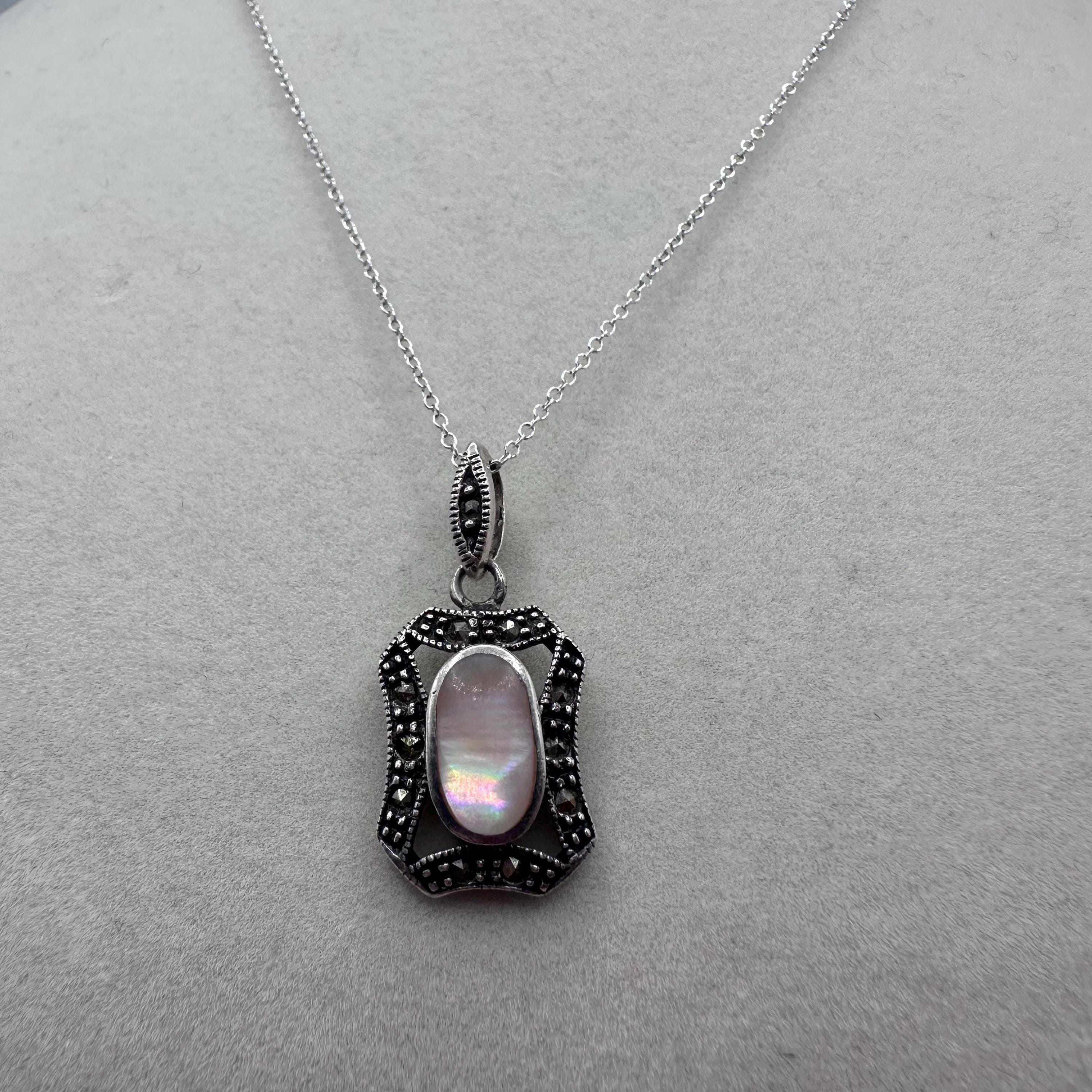 Sterling Silver Oval Opal and Marcasite Vintage Necklace ITALY 925 16
