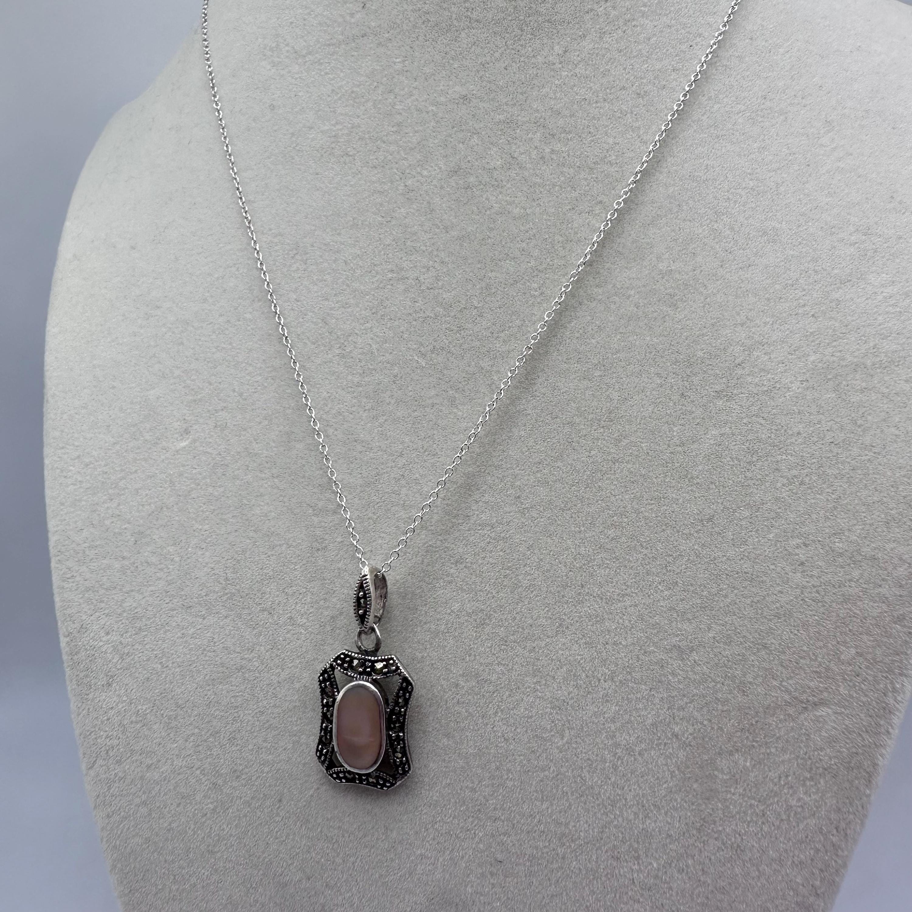 Sterling Silver Oval Opal and Marcasite Vintage Necklace ITALY 925 16