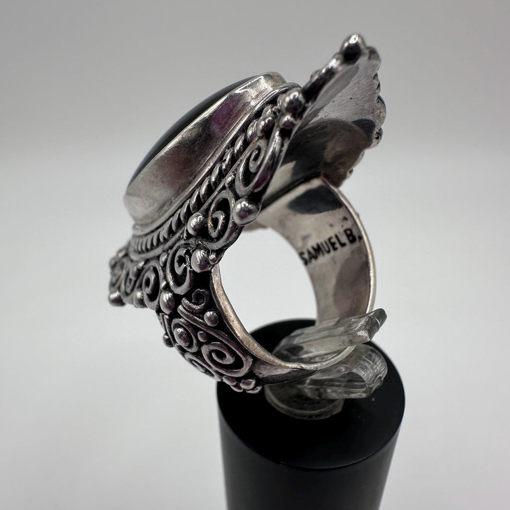 Vintage Samuel B Womens Sterling Silver Onyx Cabochon Cocktail Ring Size 8