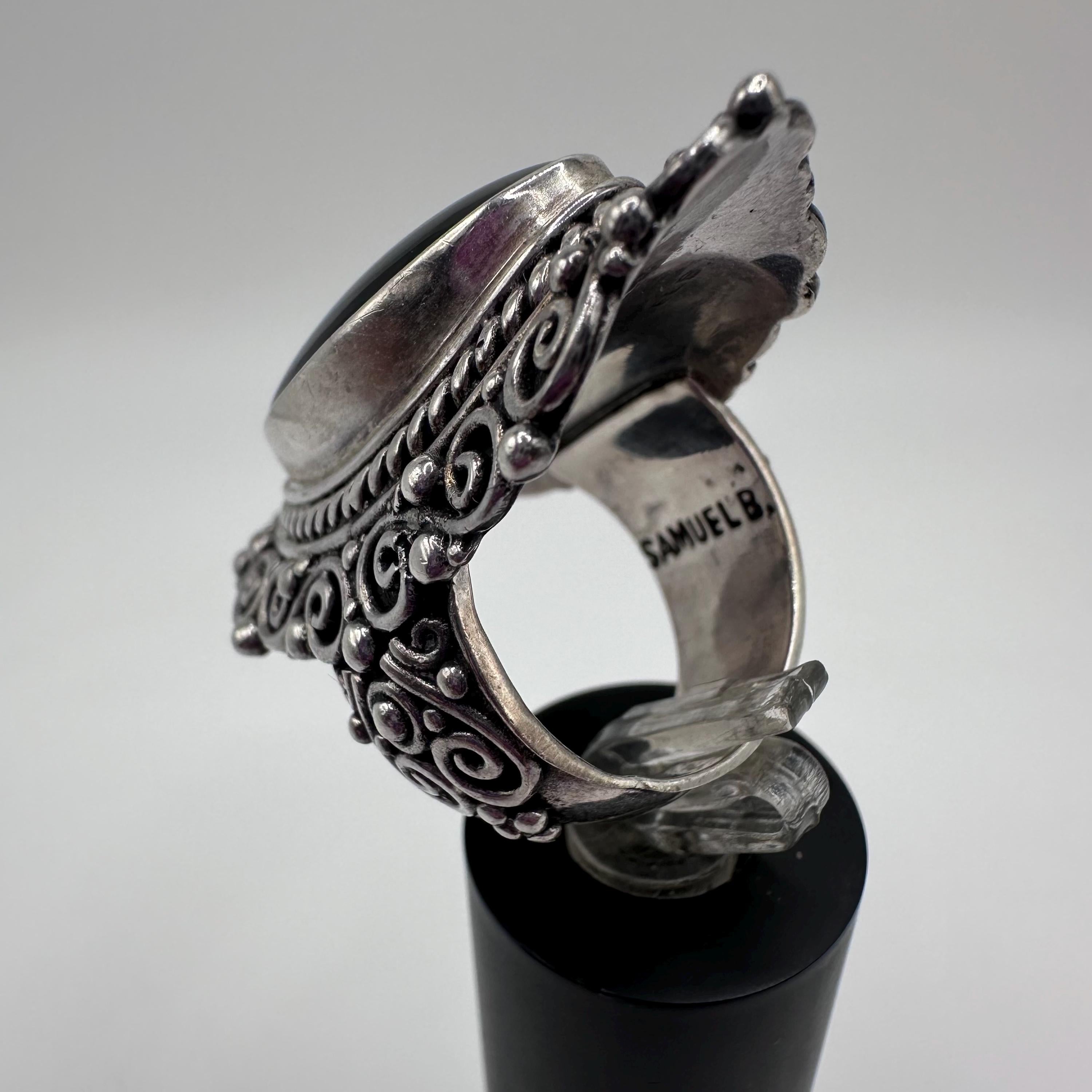 Vintage Samuel B Womens Sterling Silver Onyx Cabochon Cocktail Ring Size 8