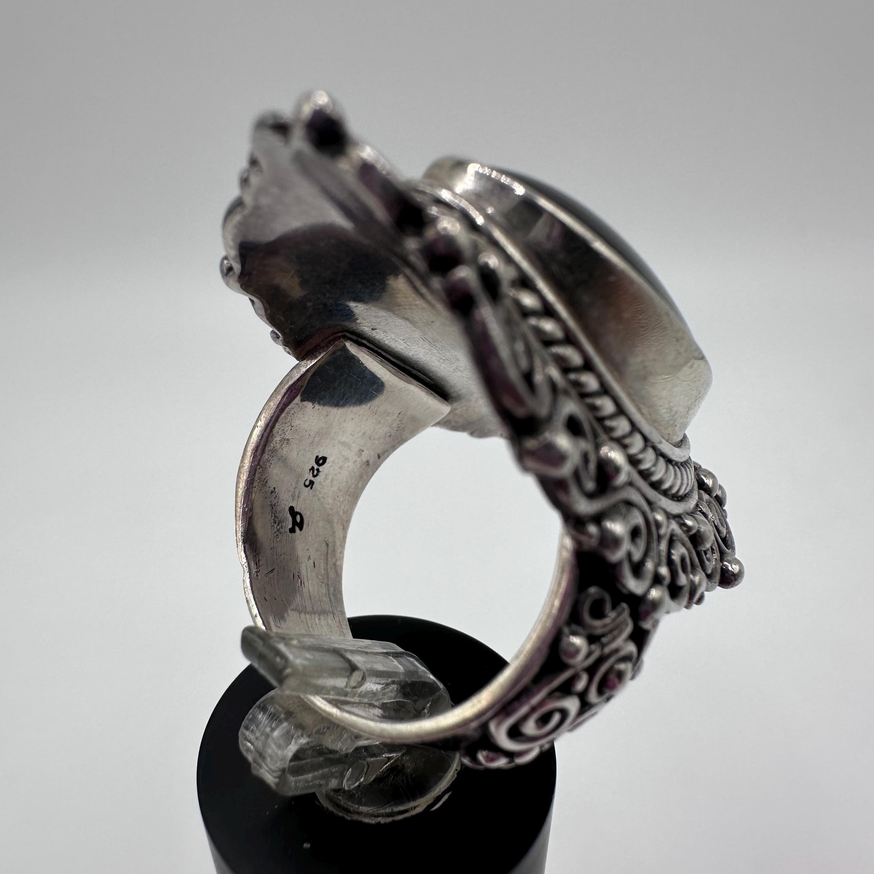 Vintage Samuel B Womens Sterling Silver Onyx Cabochon Cocktail Ring Size 8