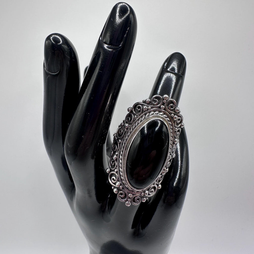 Vintage Samuel B Womens Sterling Silver Onyx Cabochon Cocktail Ring Size 8