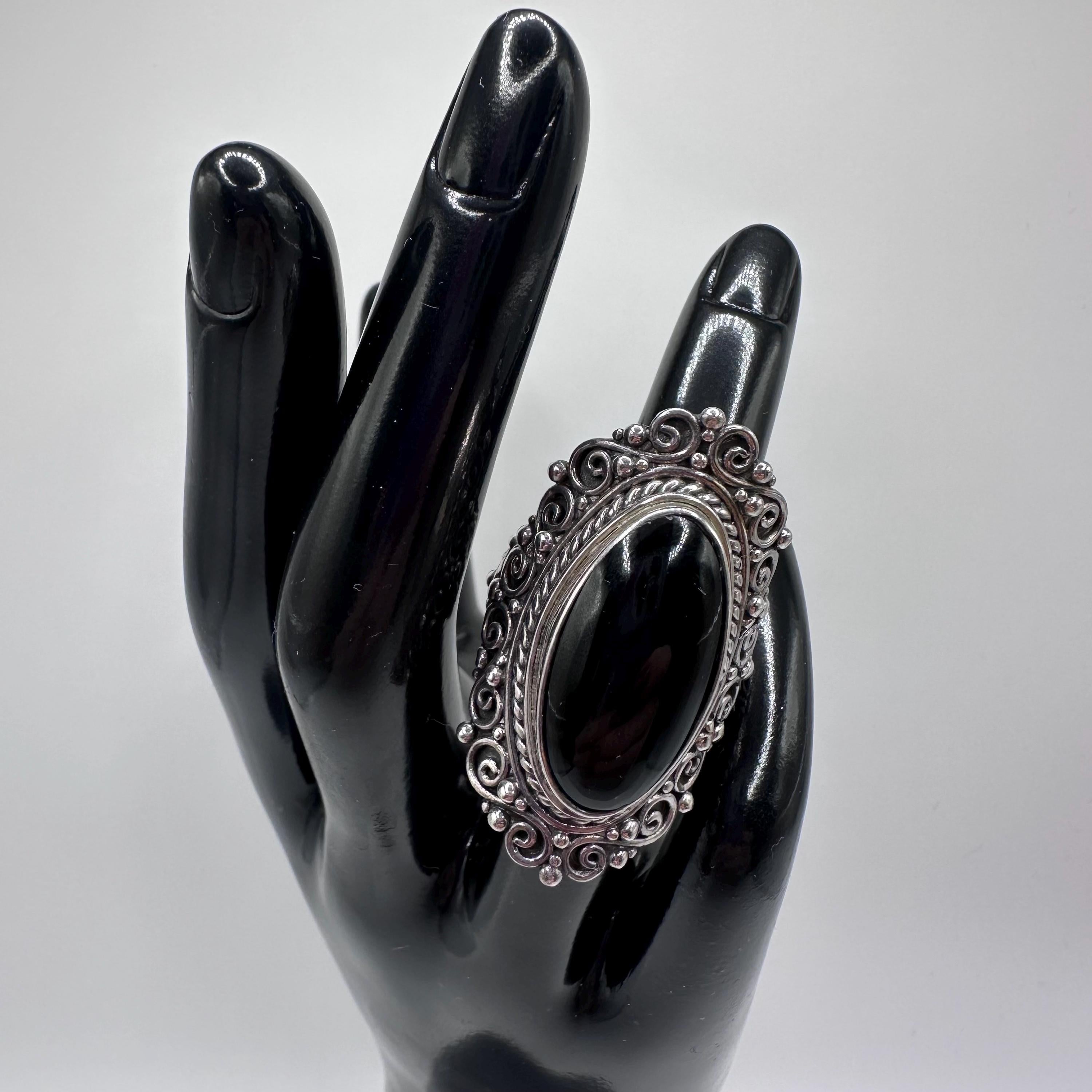 Vintage Samuel B Womens Sterling Silver Onyx Cabochon Cocktail Ring Size 8