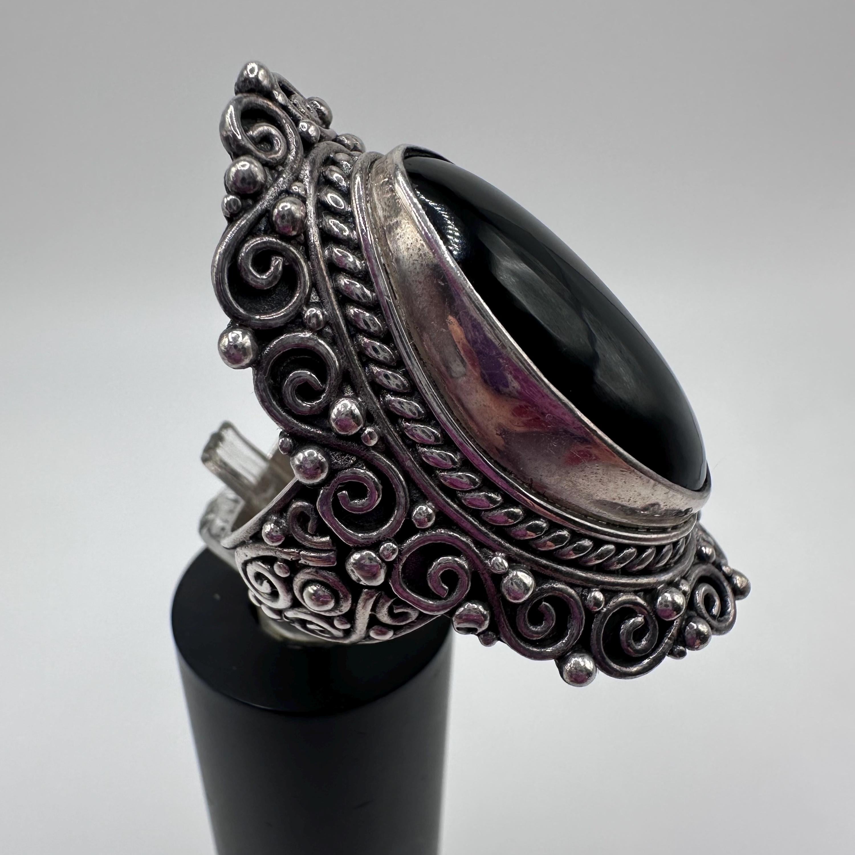 Vintage Samuel B Womens Sterling Silver Onyx Cabochon Cocktail Ring Size 8