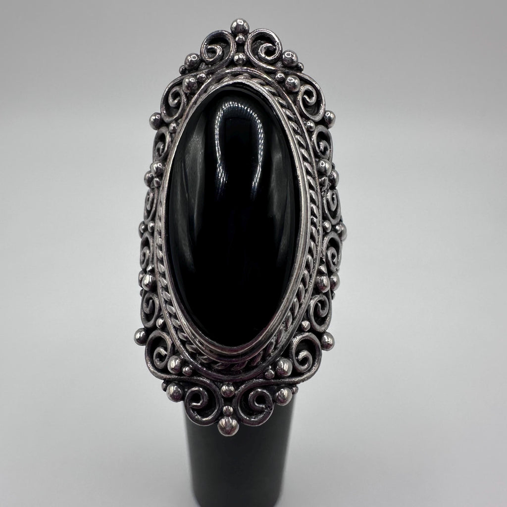 Vintage Samuel B Womens Sterling Silver Onyx Cabochon Cocktail Ring Size 8