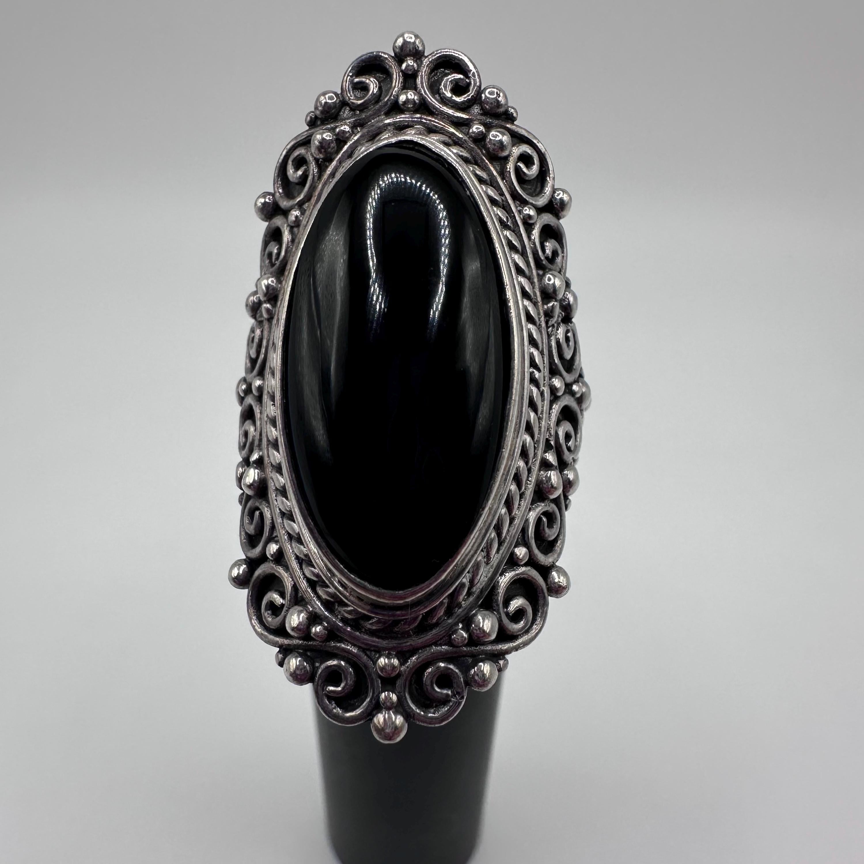 Vintage Samuel B Womens Sterling Silver Onyx Cabochon Cocktail Ring Size 8