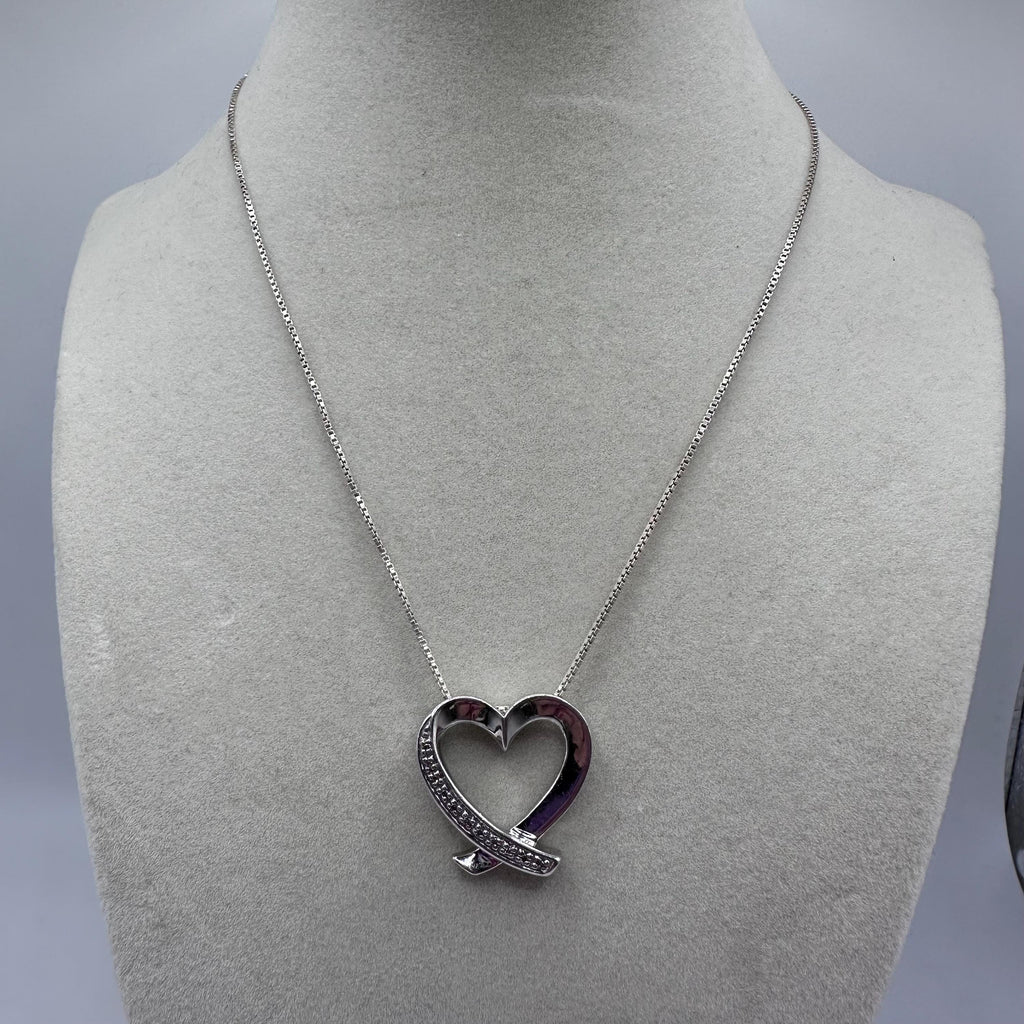 Vintage Sterling Silver 925 Heart Pendant with Diamonds 15.5 inches