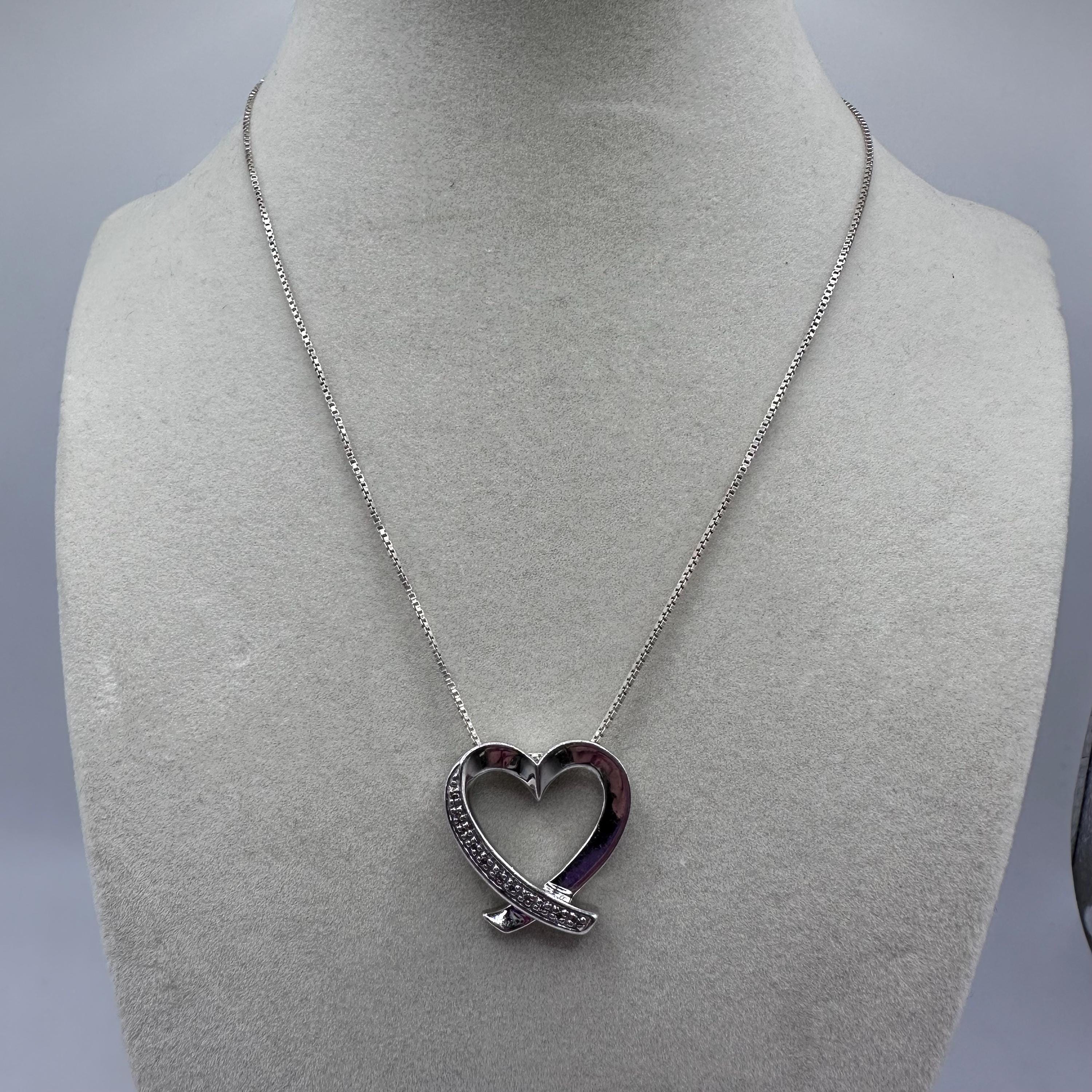 Vintage Sterling Silver 925 Heart Pendant with Diamonds 15.5 inches