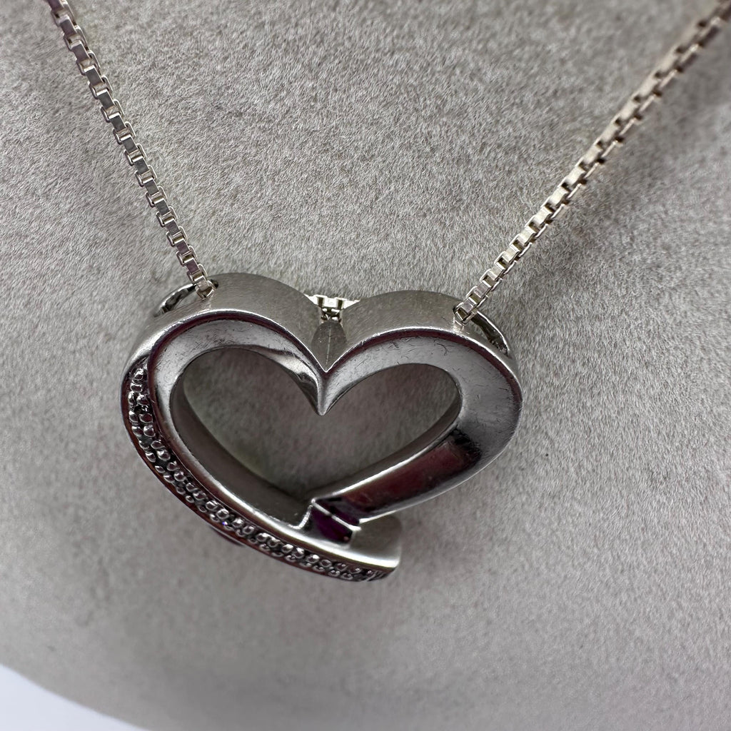 Vintage Sterling Silver 925 Heart Pendant with Diamonds 15.5 inches