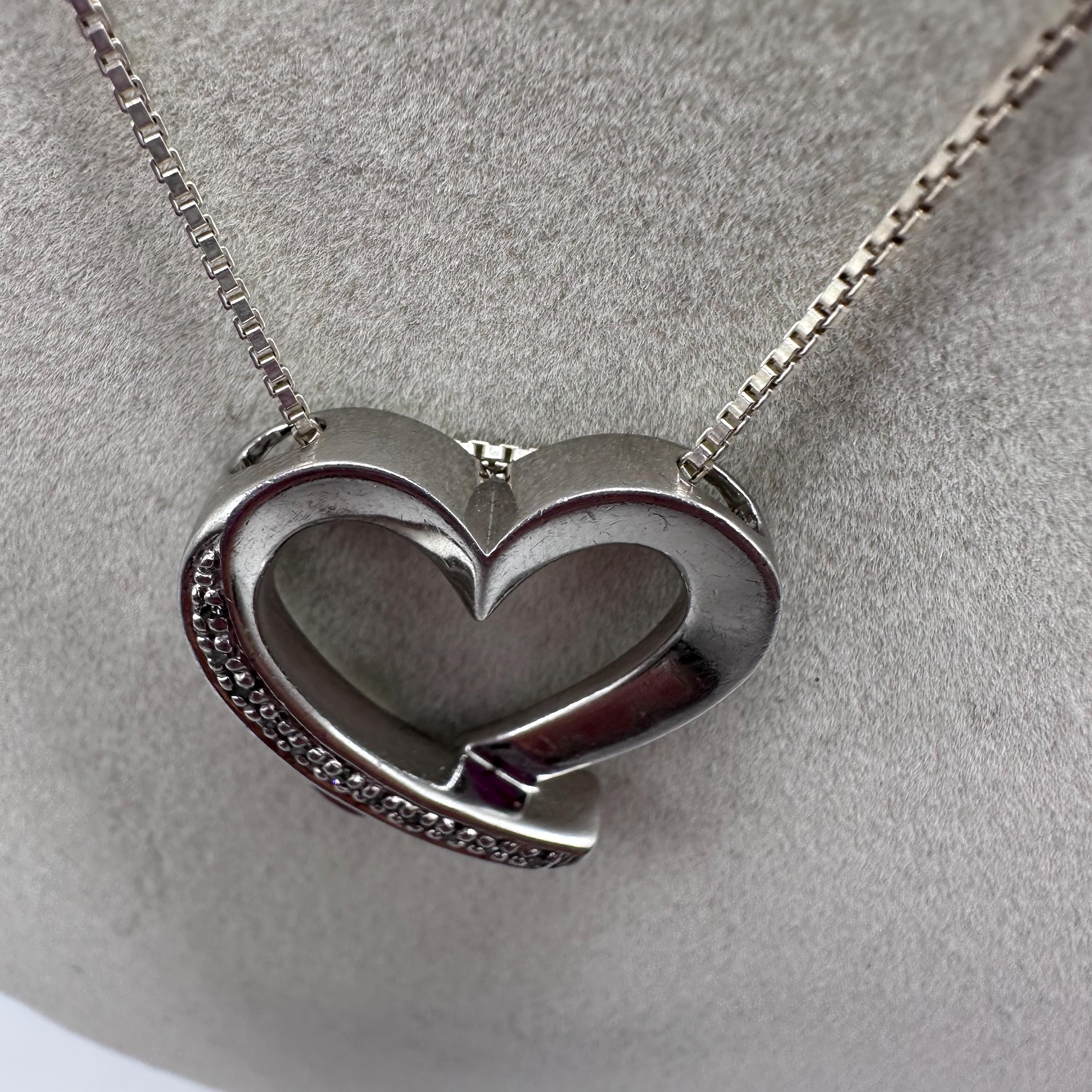 Vintage Sterling Silver 925 Heart Pendant with Diamonds 15.5 inches