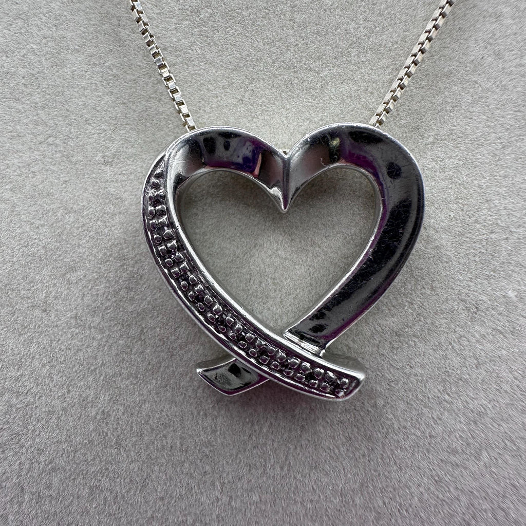 Vintage Sterling Silver 925 Heart Pendant with Diamonds 15.5 inches