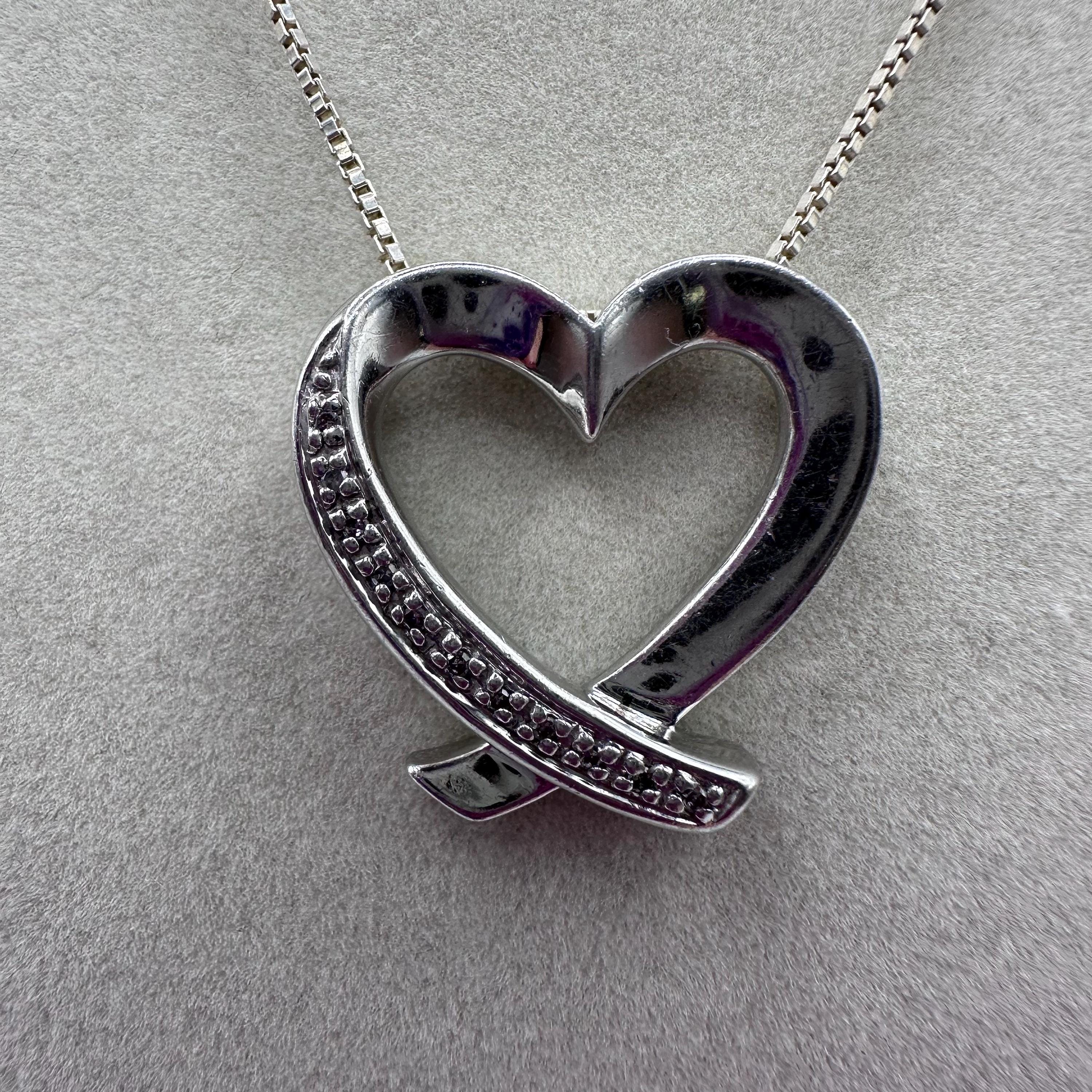 Vintage Sterling Silver 925 Heart Pendant with Diamonds 15.5 inches