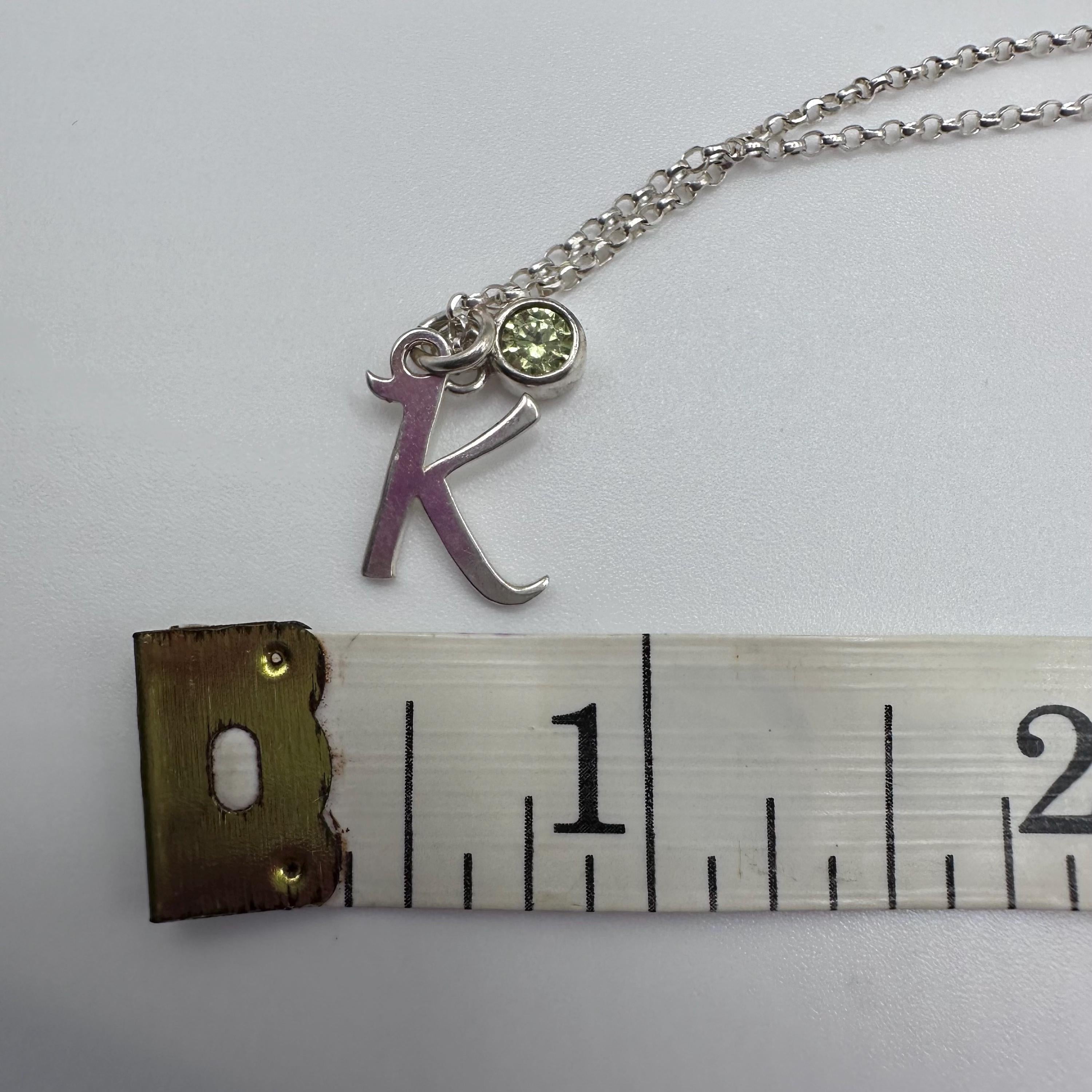Vintage Sterling Silver Initial K with Birthstone Light Green 18 inches