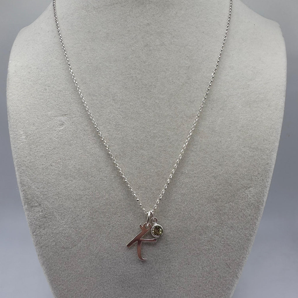 Vintage Sterling Silver Initial K with Birthstone Light Green 18 inches