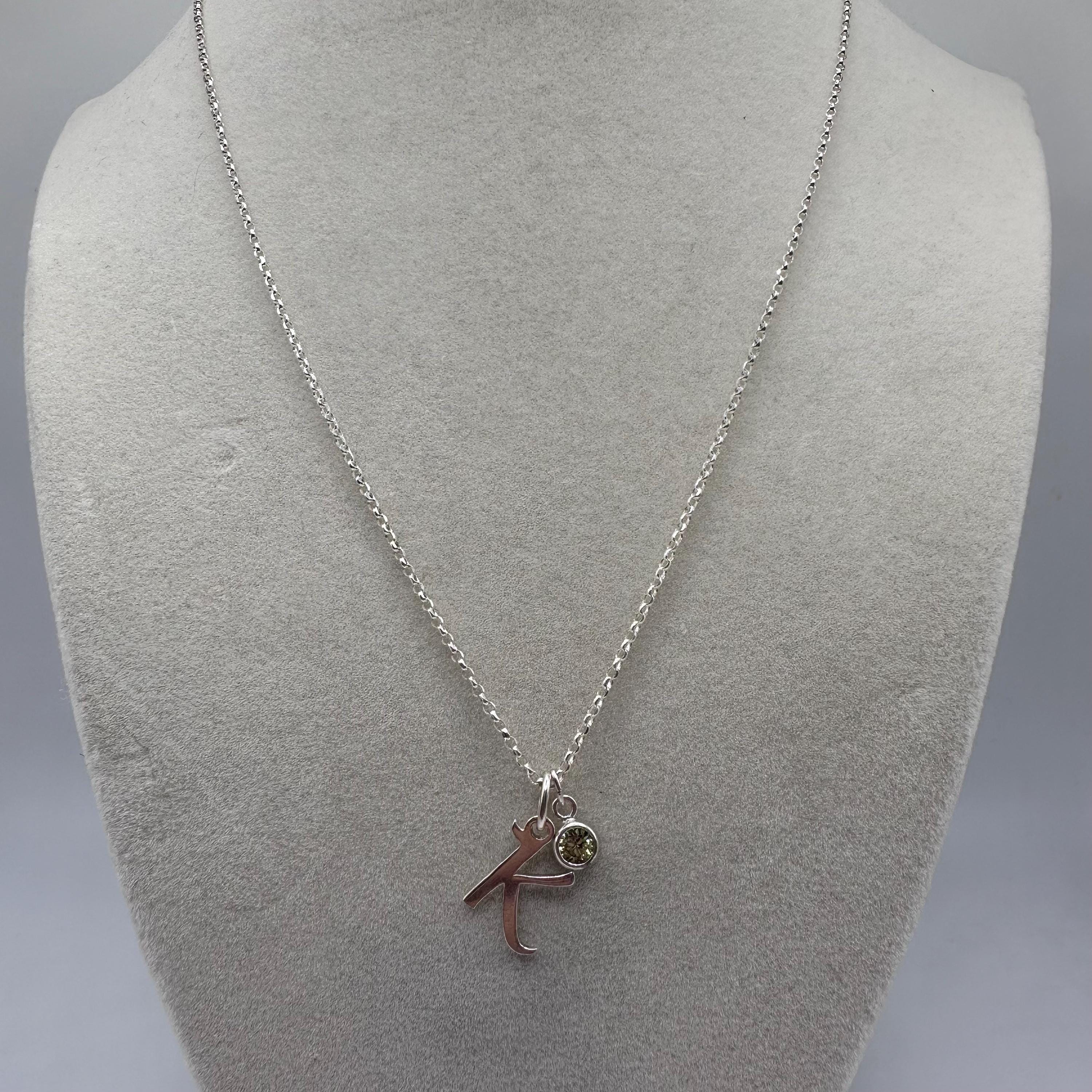 Vintage Sterling Silver Initial K with Birthstone Light Green 18 inches