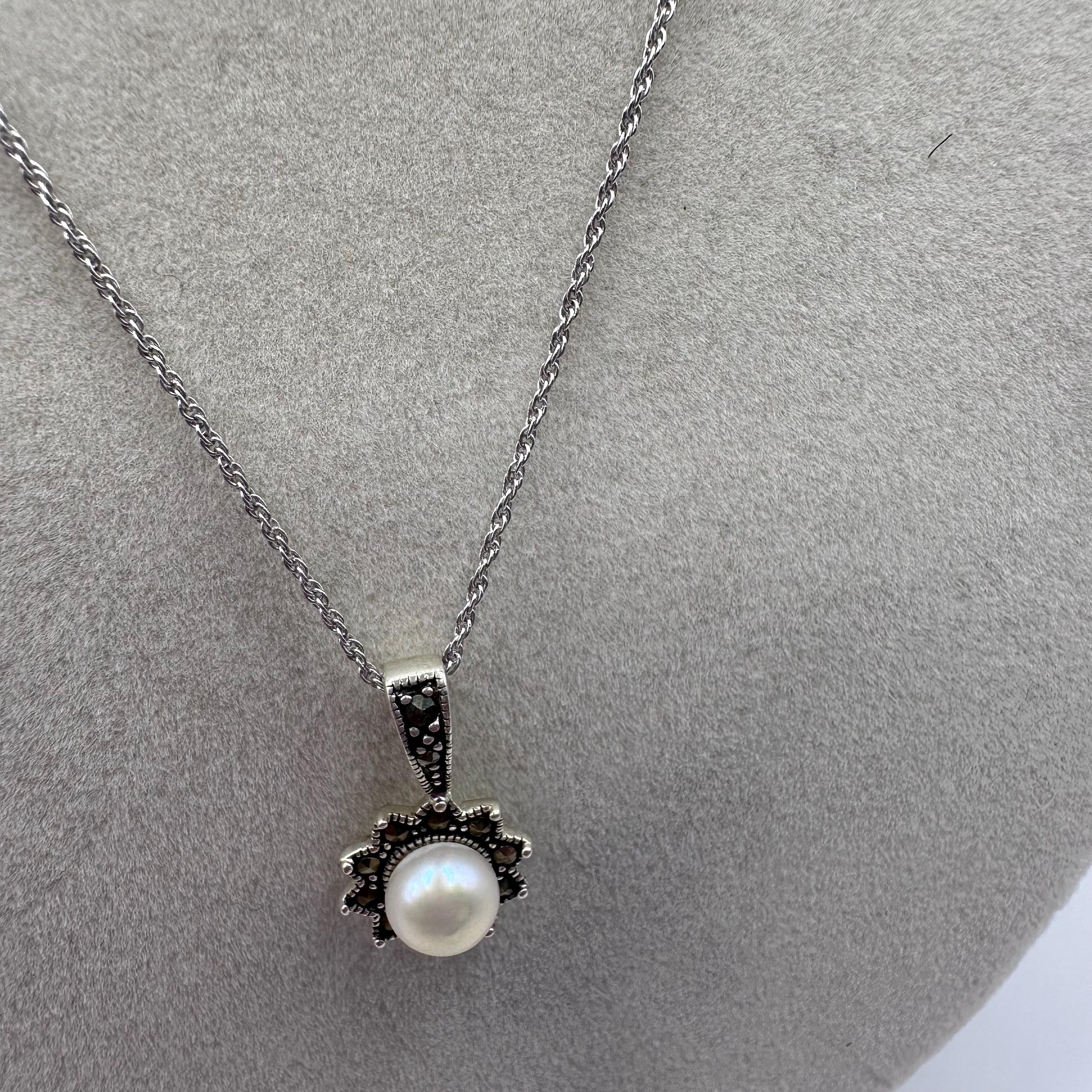 Vintage Marcasite and Pearl 925 Sterling Silver Necklace 18 inches