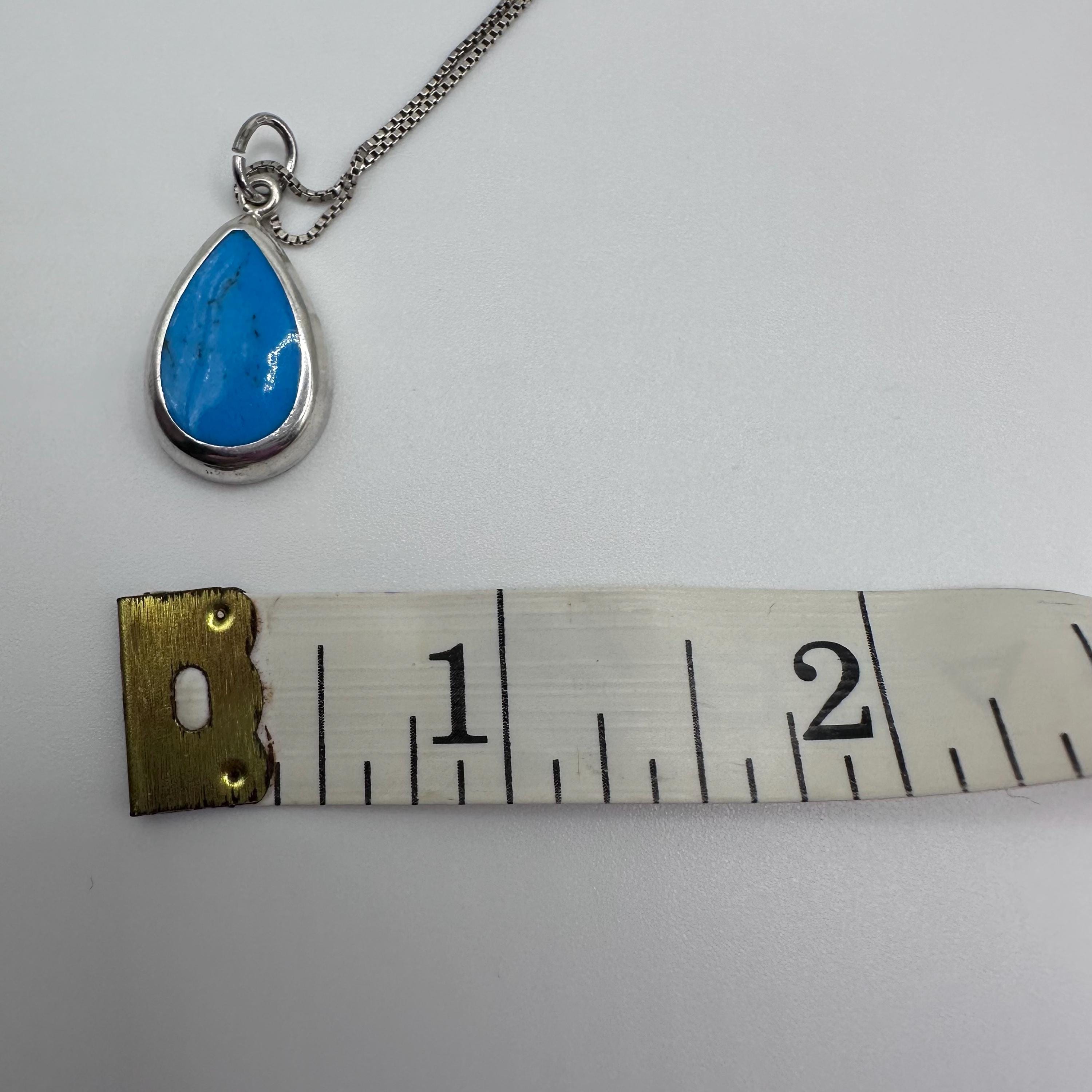 Vintage Sterling Silver Turquoise Teardrop Pendant Necklace Native American Style 19.5 inches
