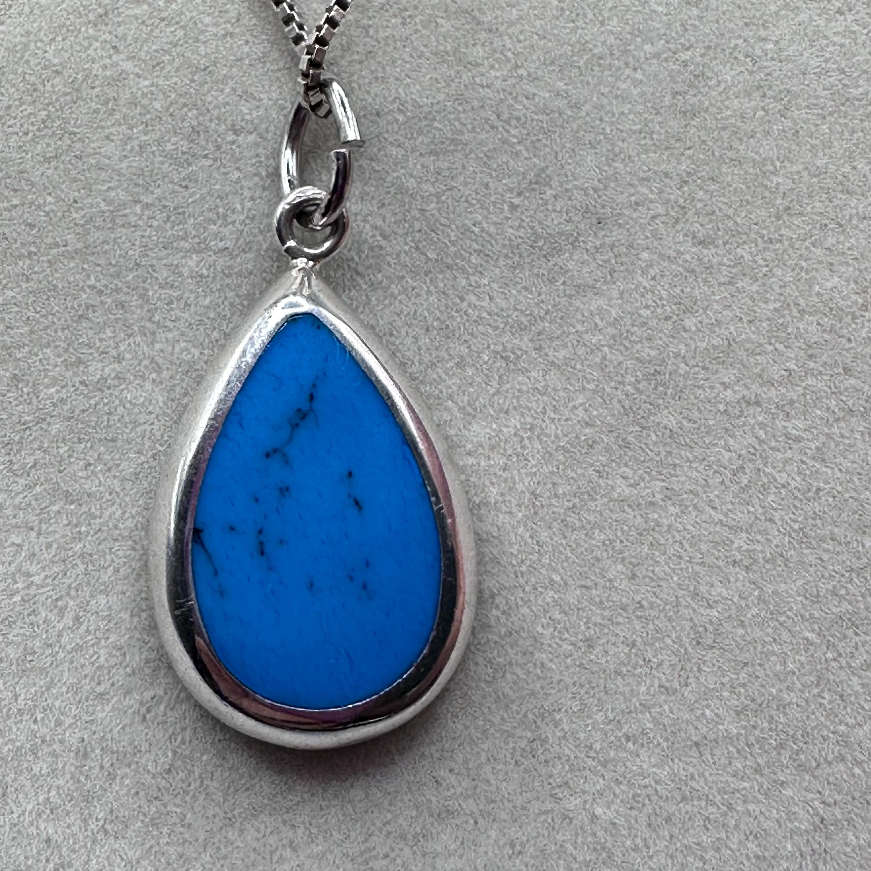 Vintage Sterling Silver Turquoise Teardrop Pendant Necklace Native American Style 19.5 inches