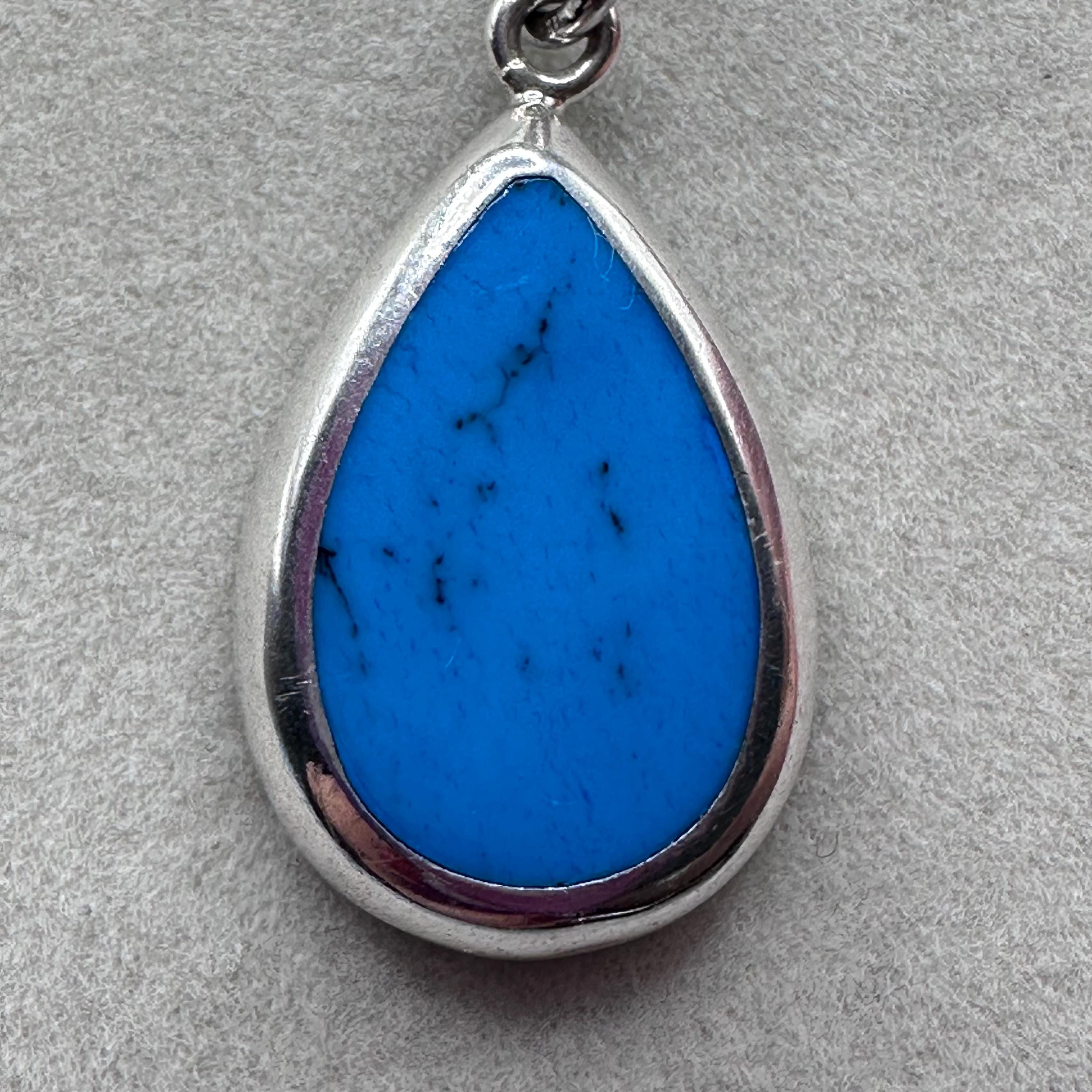 Vintage Sterling Silver Turquoise Teardrop Pendant Necklace Native American Style 19.5 inches