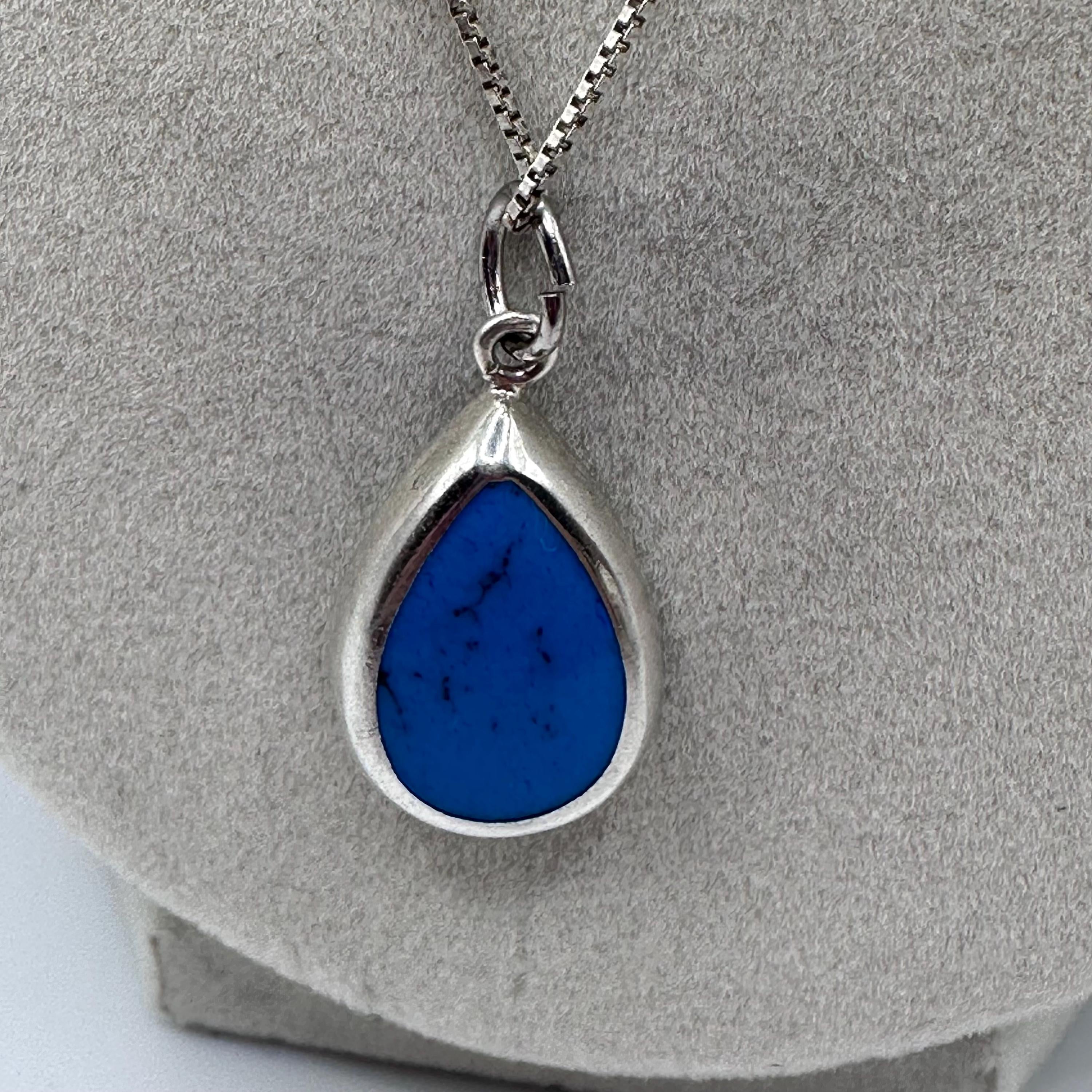 Vintage Sterling Silver Turquoise Teardrop Pendant Necklace Native American Style 19.5 inches