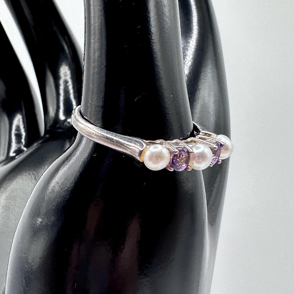 Vintage Sterling Silver with Pearls and Amethyst Ring Size 9.75