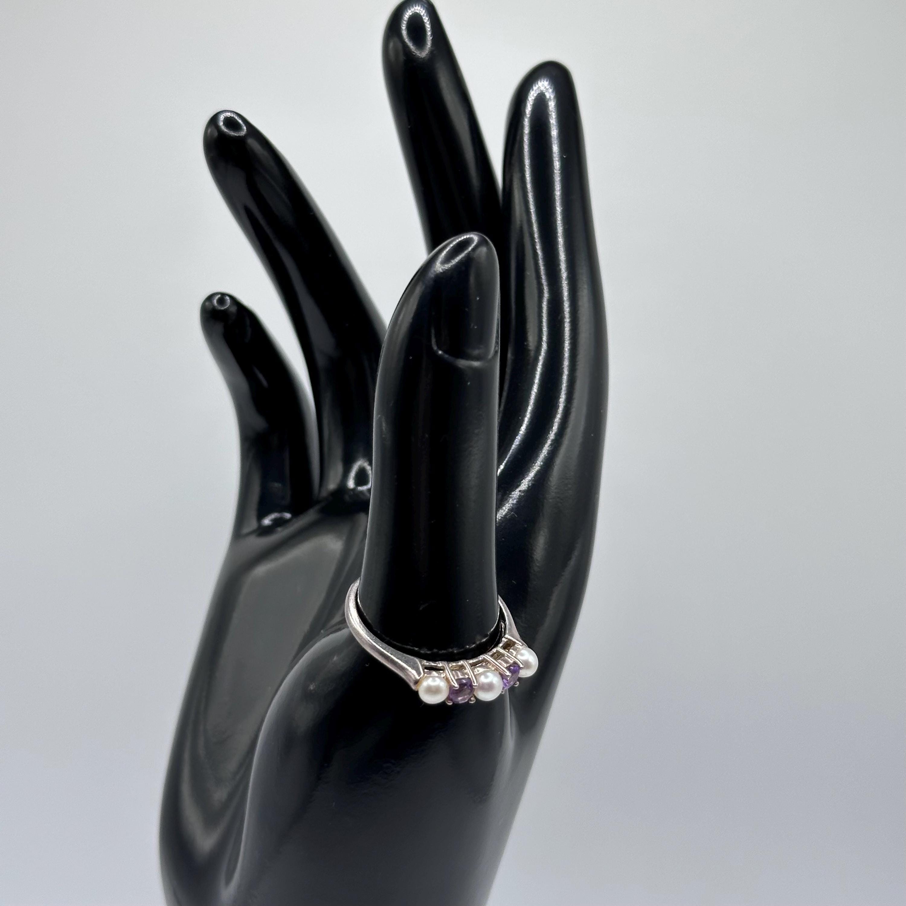 Vintage Sterling Silver with Pearls and Amethyst Ring Size 9.75