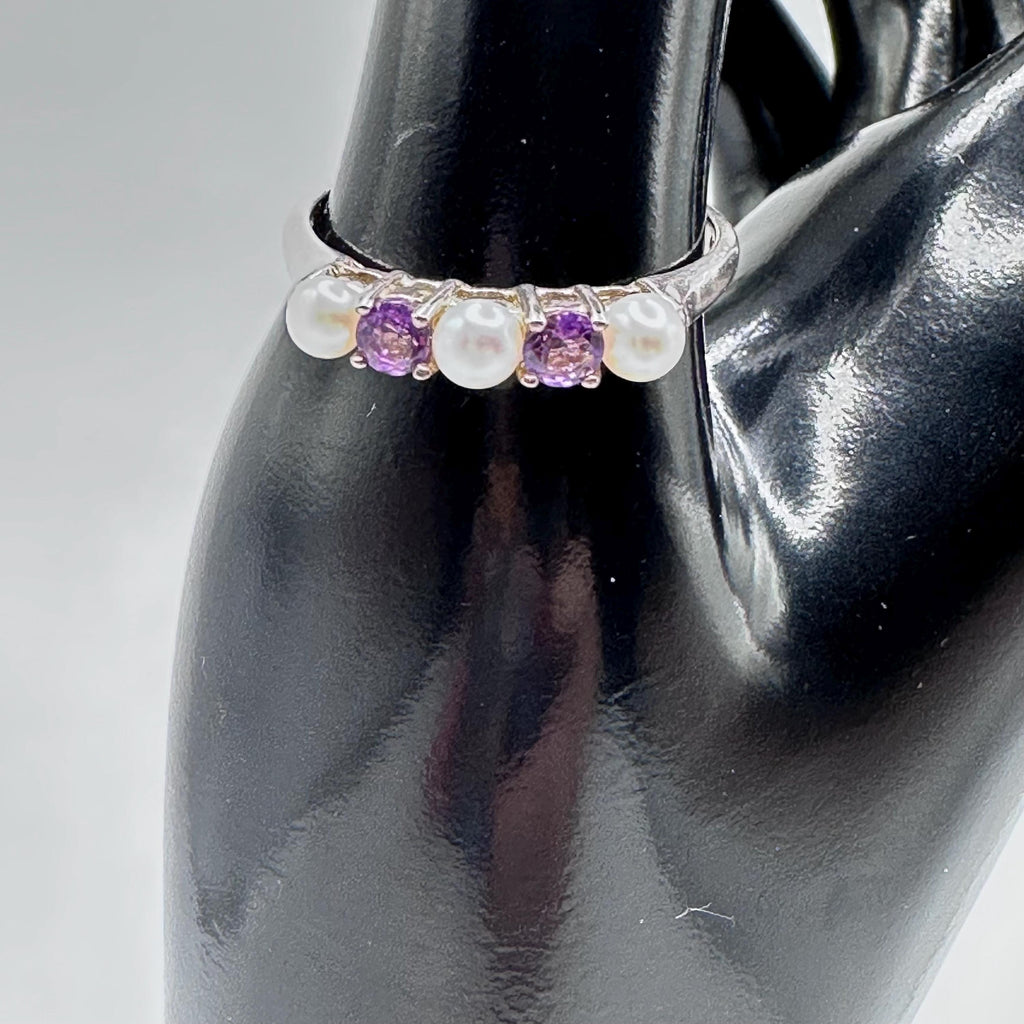 Vintage Sterling Silver with Pearls and Amethyst Ring Size 9.75