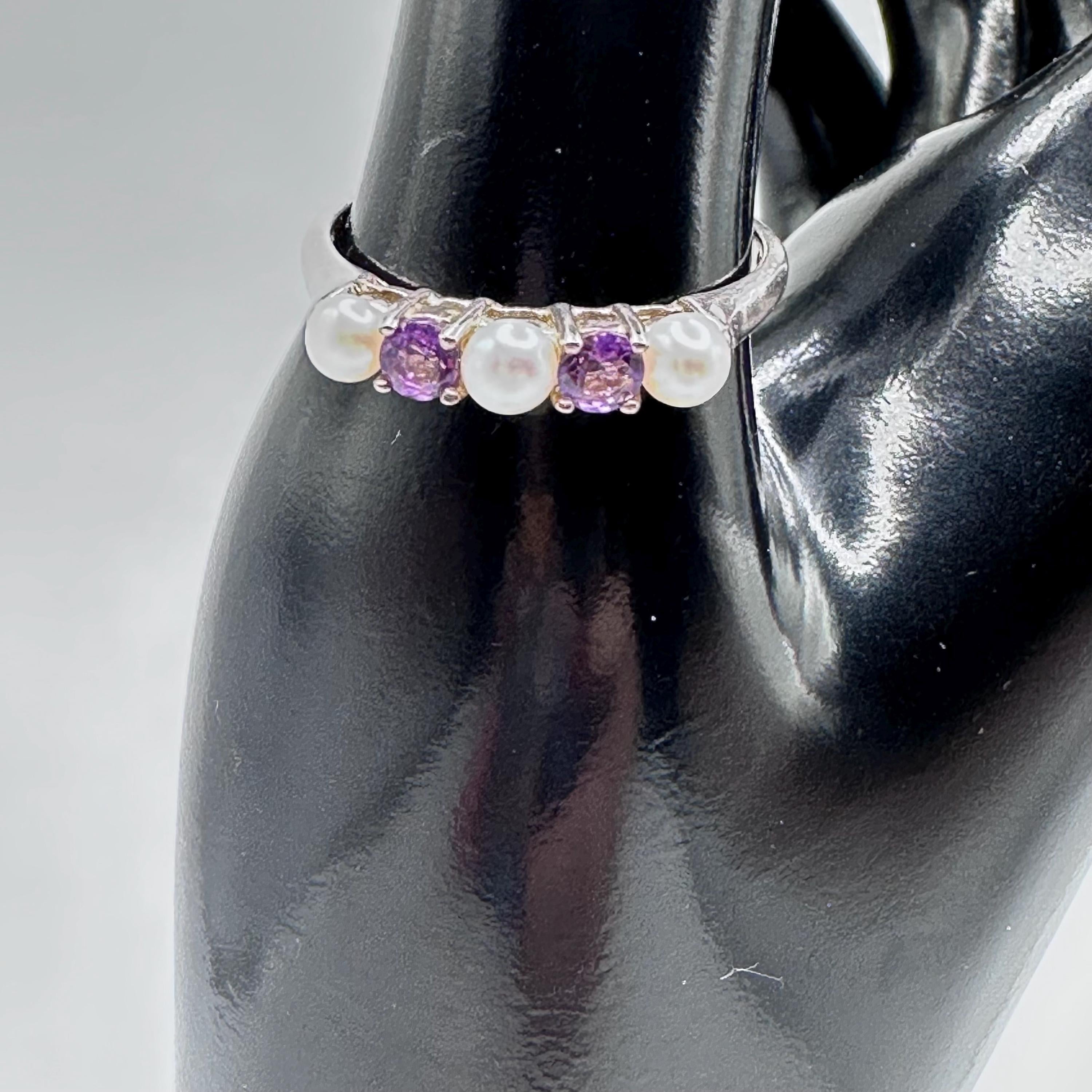 Vintage Sterling Silver with Pearls and Amethyst Ring Size 9.75