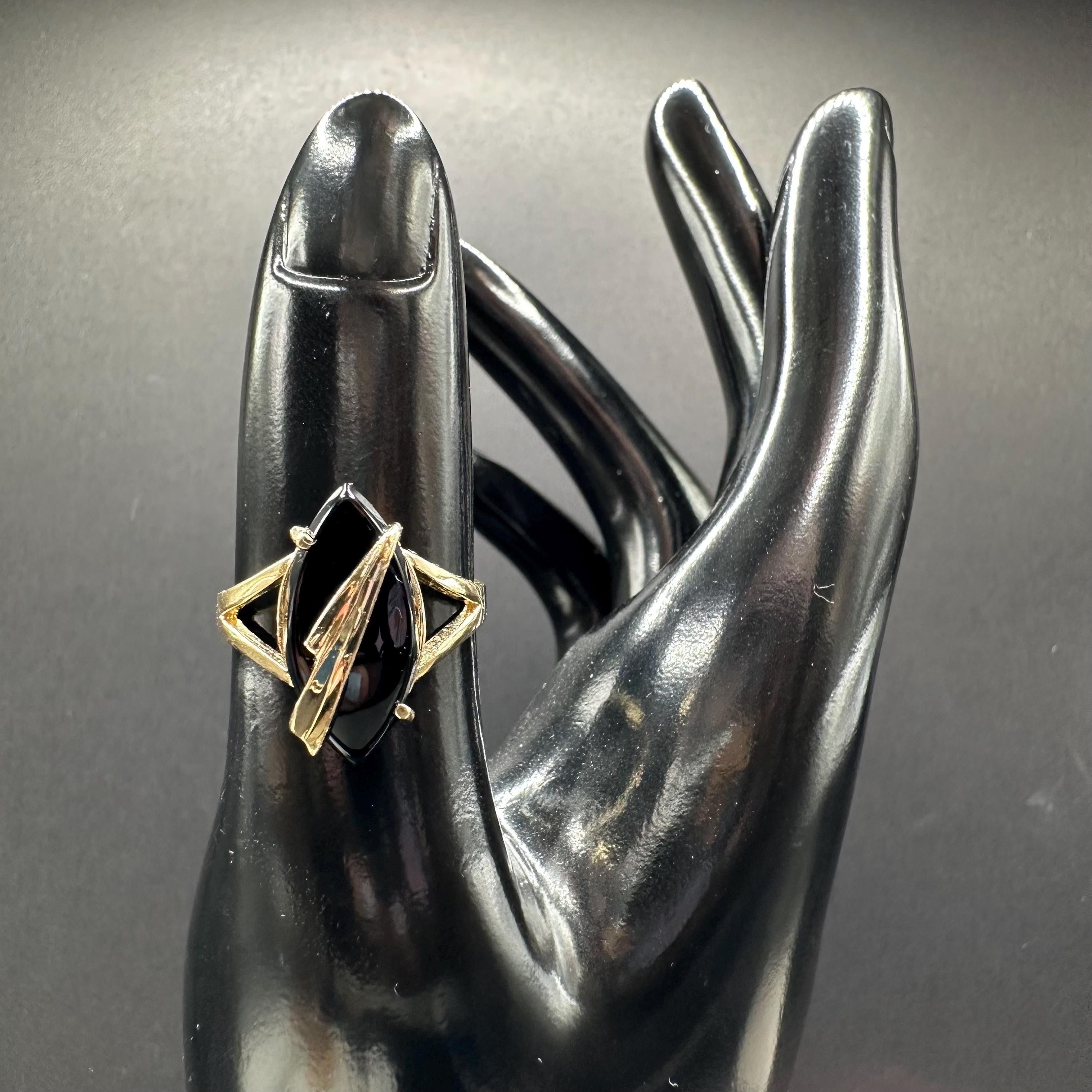 Solid 14K Yellow Gold Ring with Marquise Black Onyx – Size 7.5